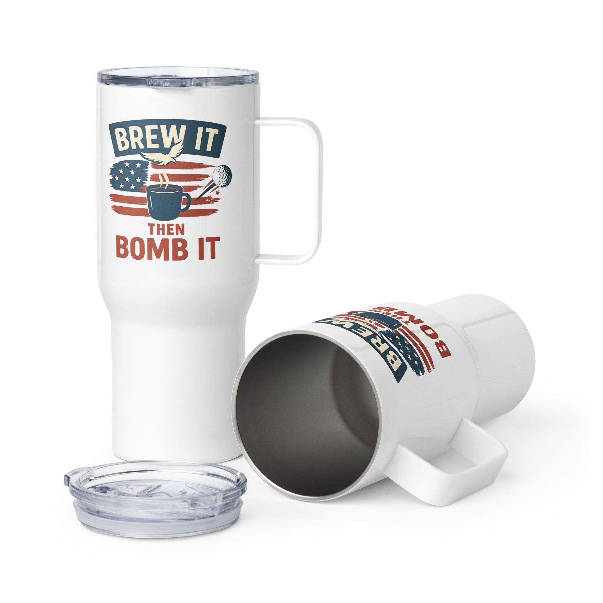 Brew It Then Bomb It travel mug with patriotic design