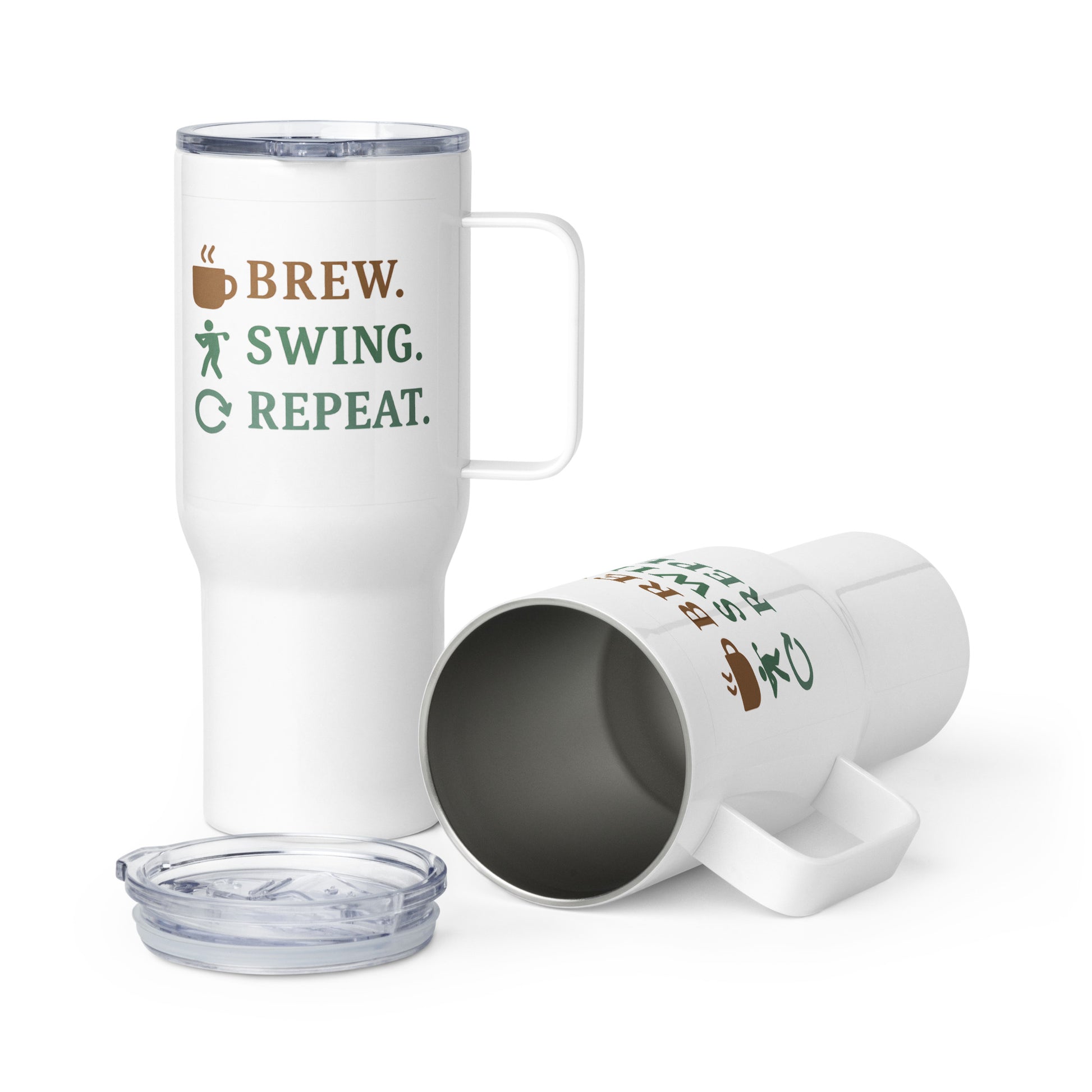 Brew Swing Repeat travel mug with minimalist golf icons