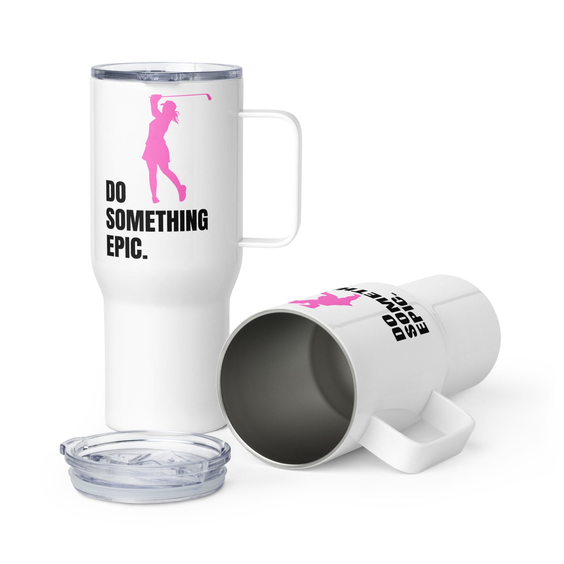 Do Something Epic travel mug with pink female golfer silhouette