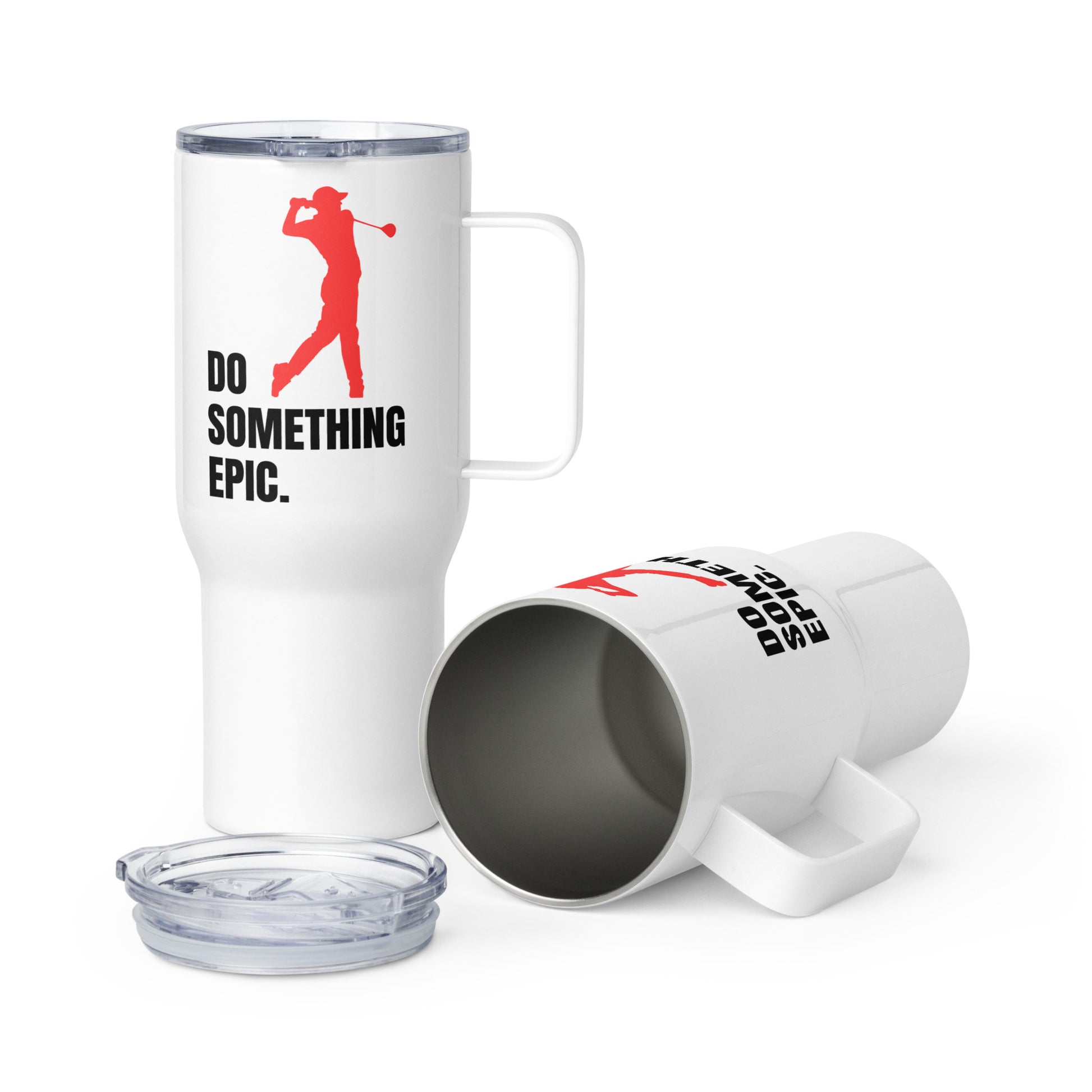 Do Something Epic travel mug with red golfer silhouette