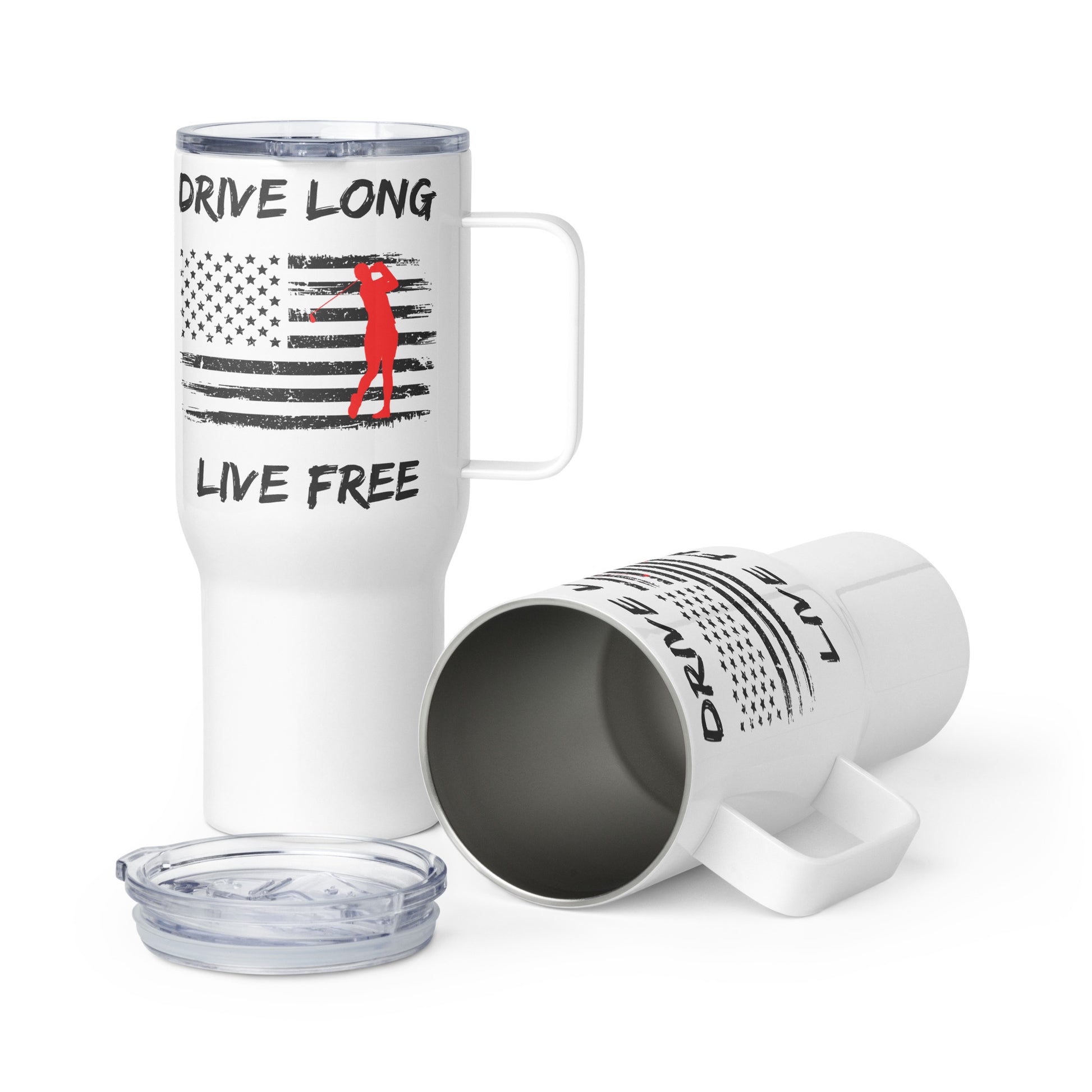 Drive Long Live Free travel mug with distressed American flag