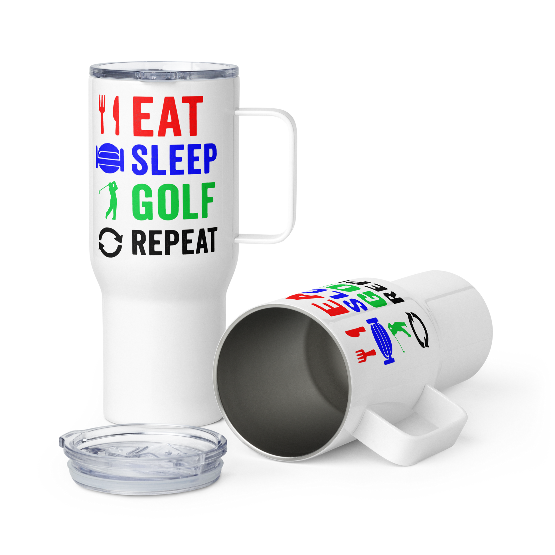 Eat Sleep Golf Repeat travel mug with bold red blue green black text