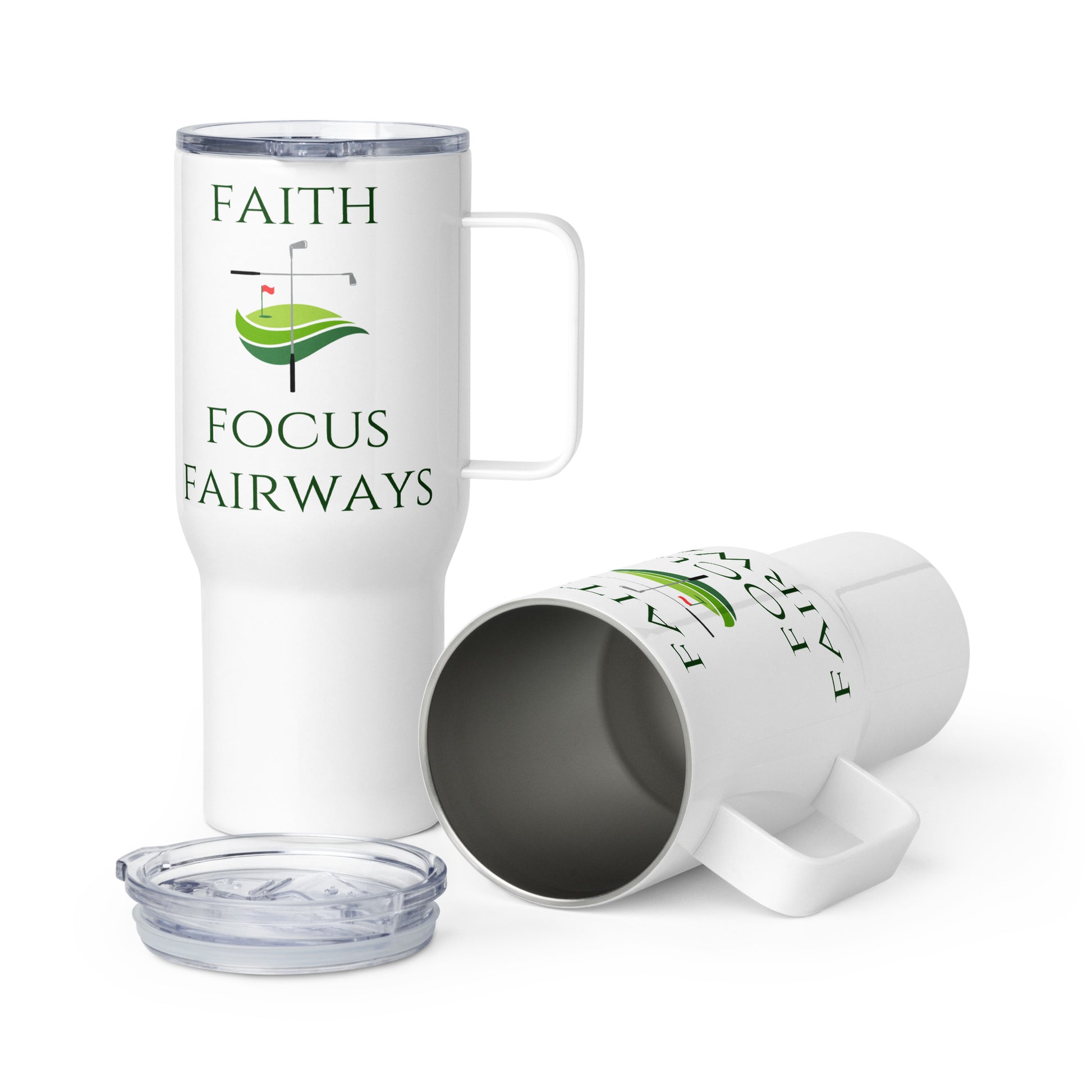 Faith Focus Fairways travel mug with green golf illustration