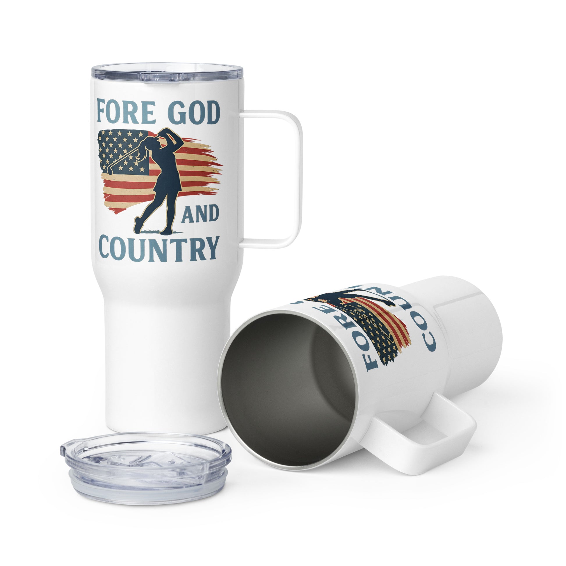 Fore God and Country travel mug with American flag background