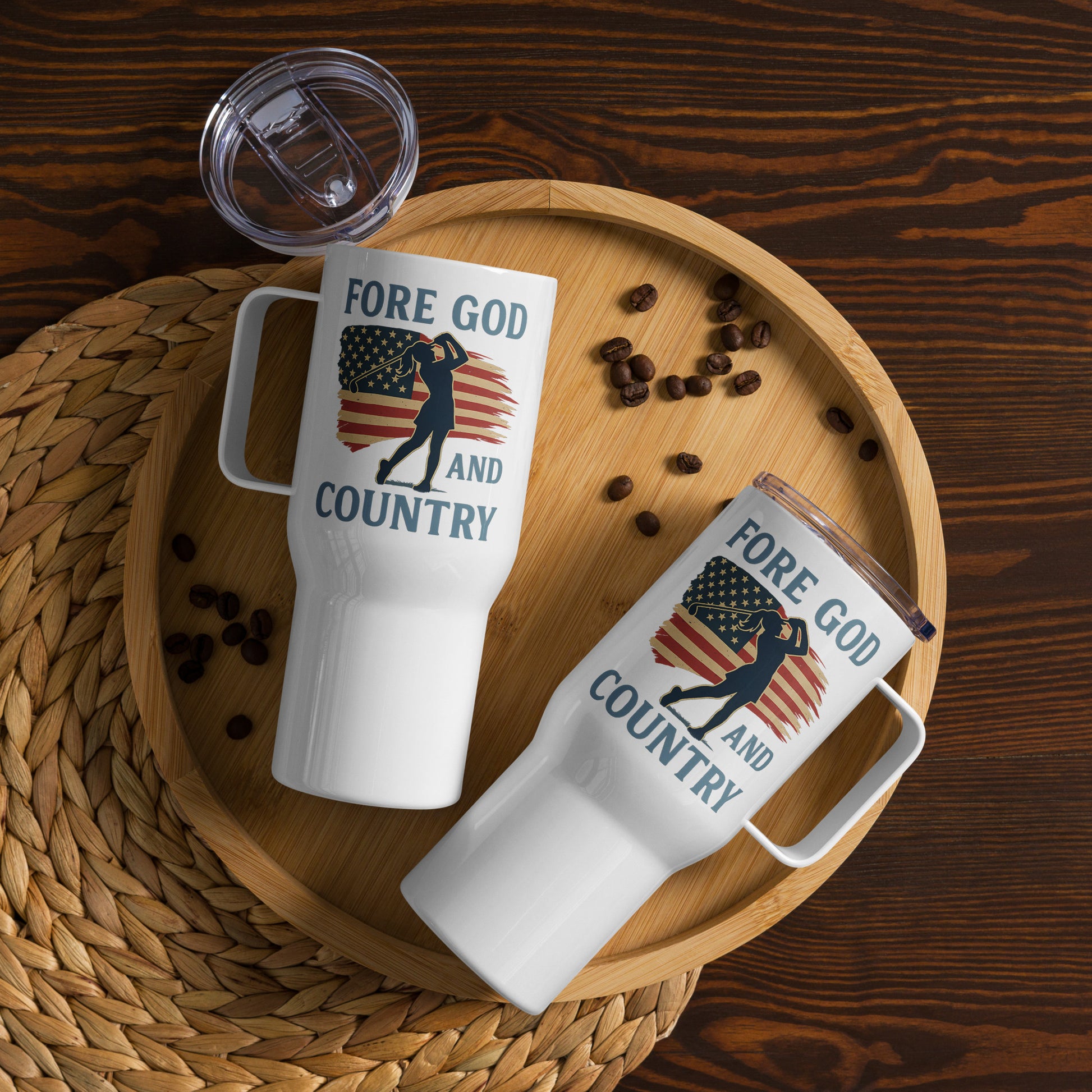 Red white and blue golf mug with bold spiritual message