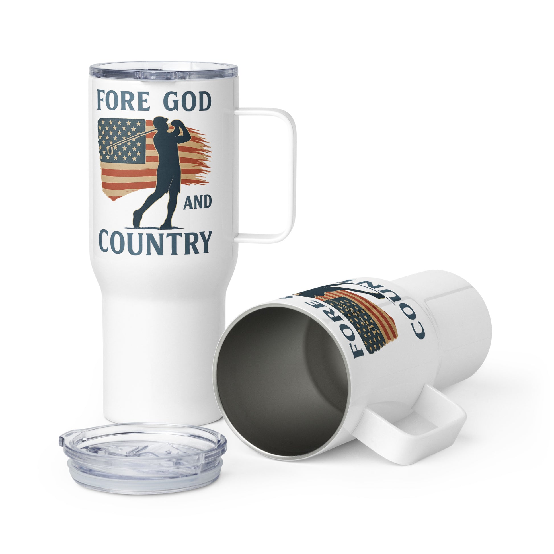 Fore God and Country travel mug with male golfer silhouette