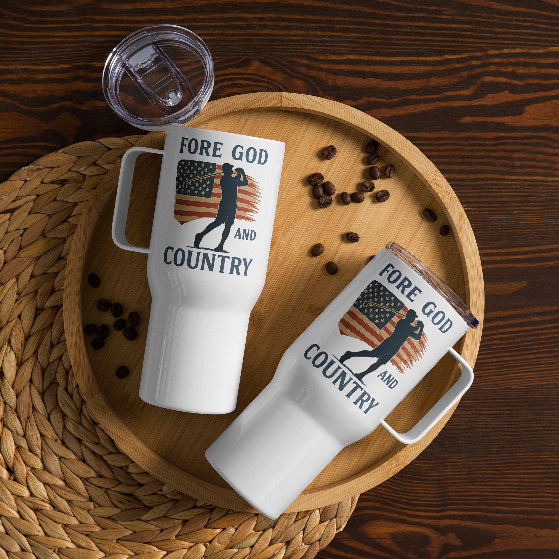 Christian themed golf mug with USA flag and bold design