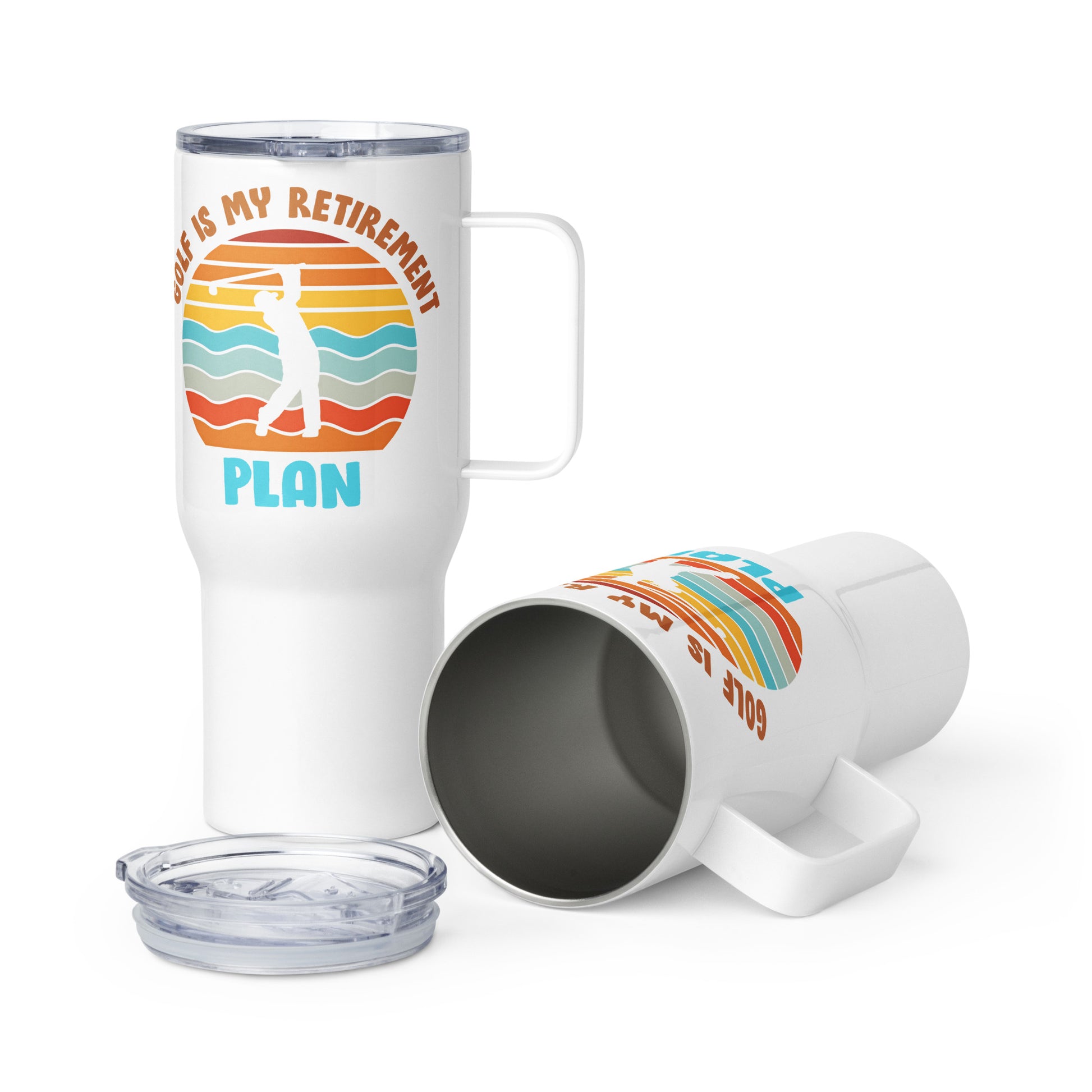 Golf Is My Retirement Plan travel mug with retro sunset design