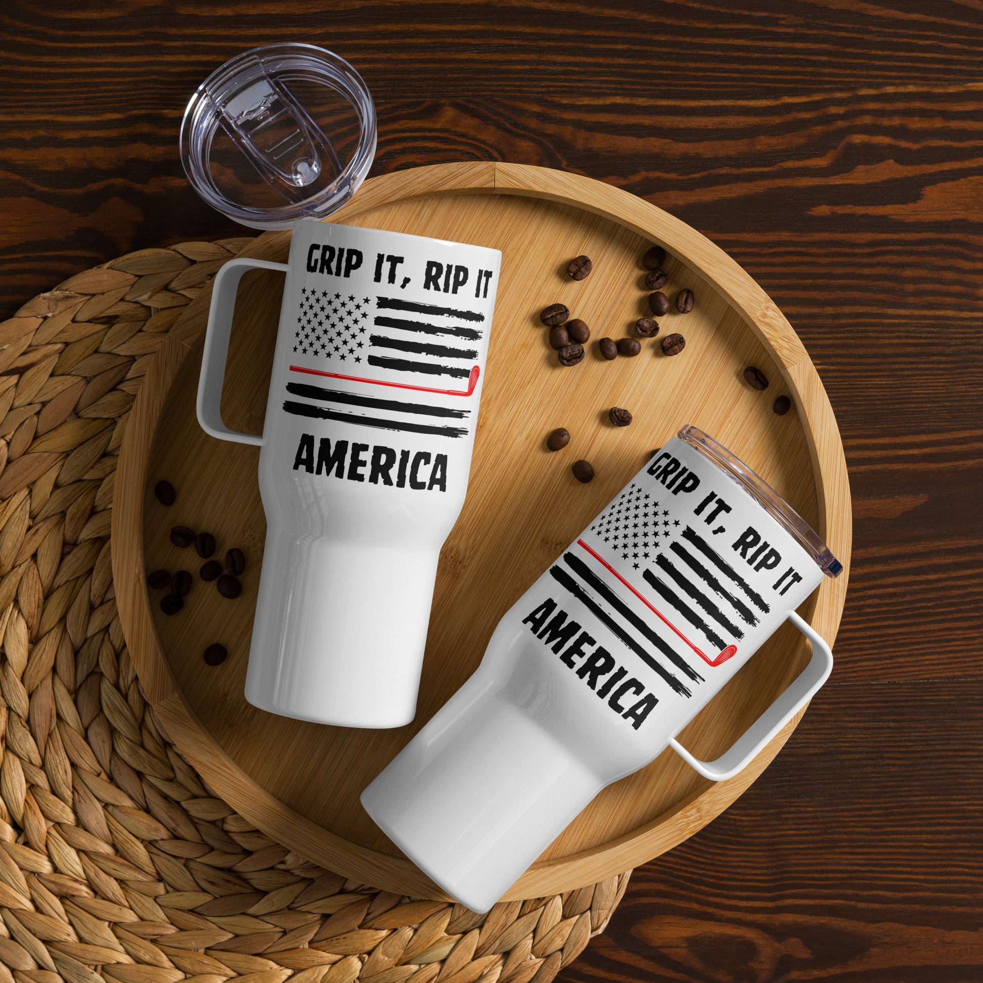 White insulated mug with powerful golf and USA theme
