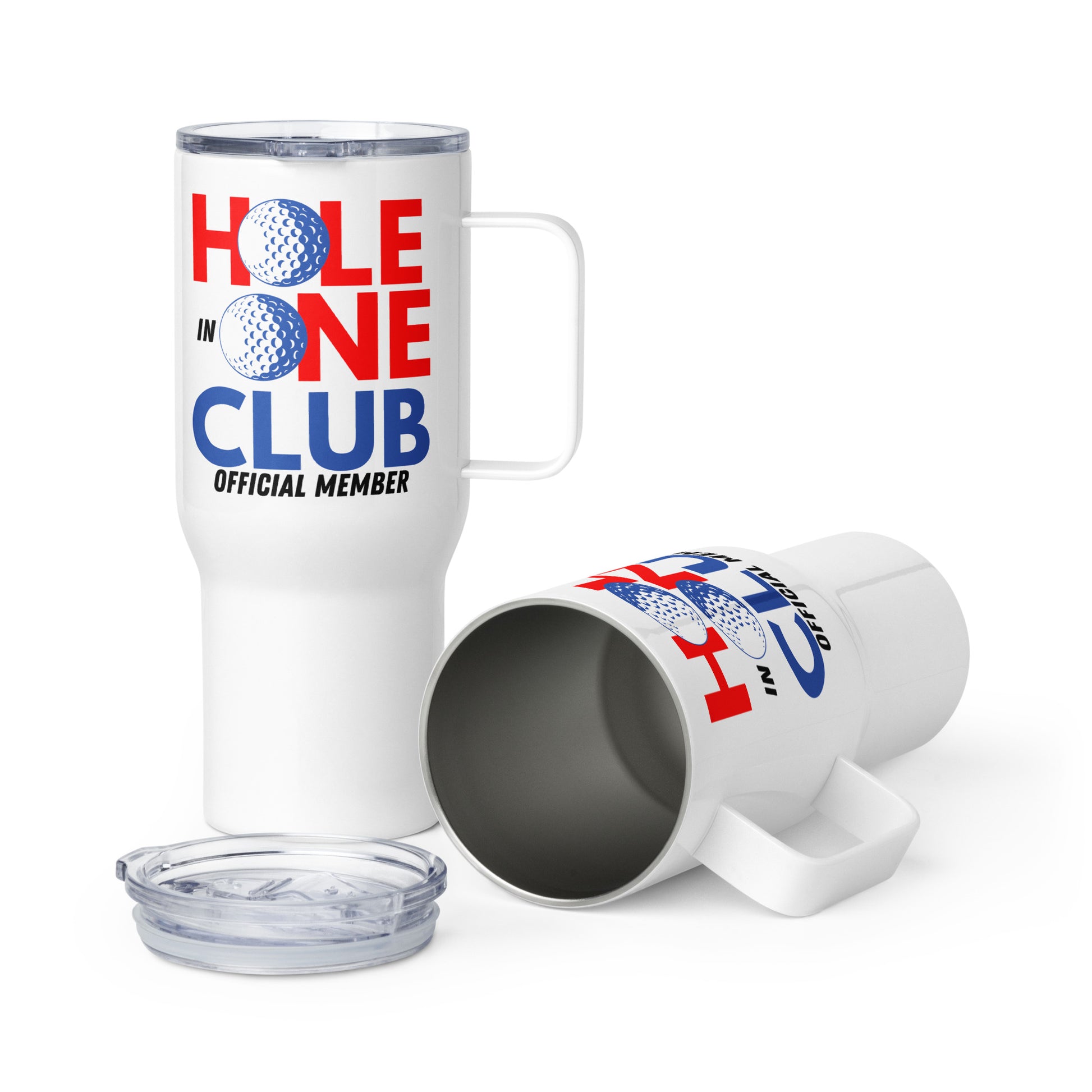 Hole in One Club travel mug with patriotic red white and blue
