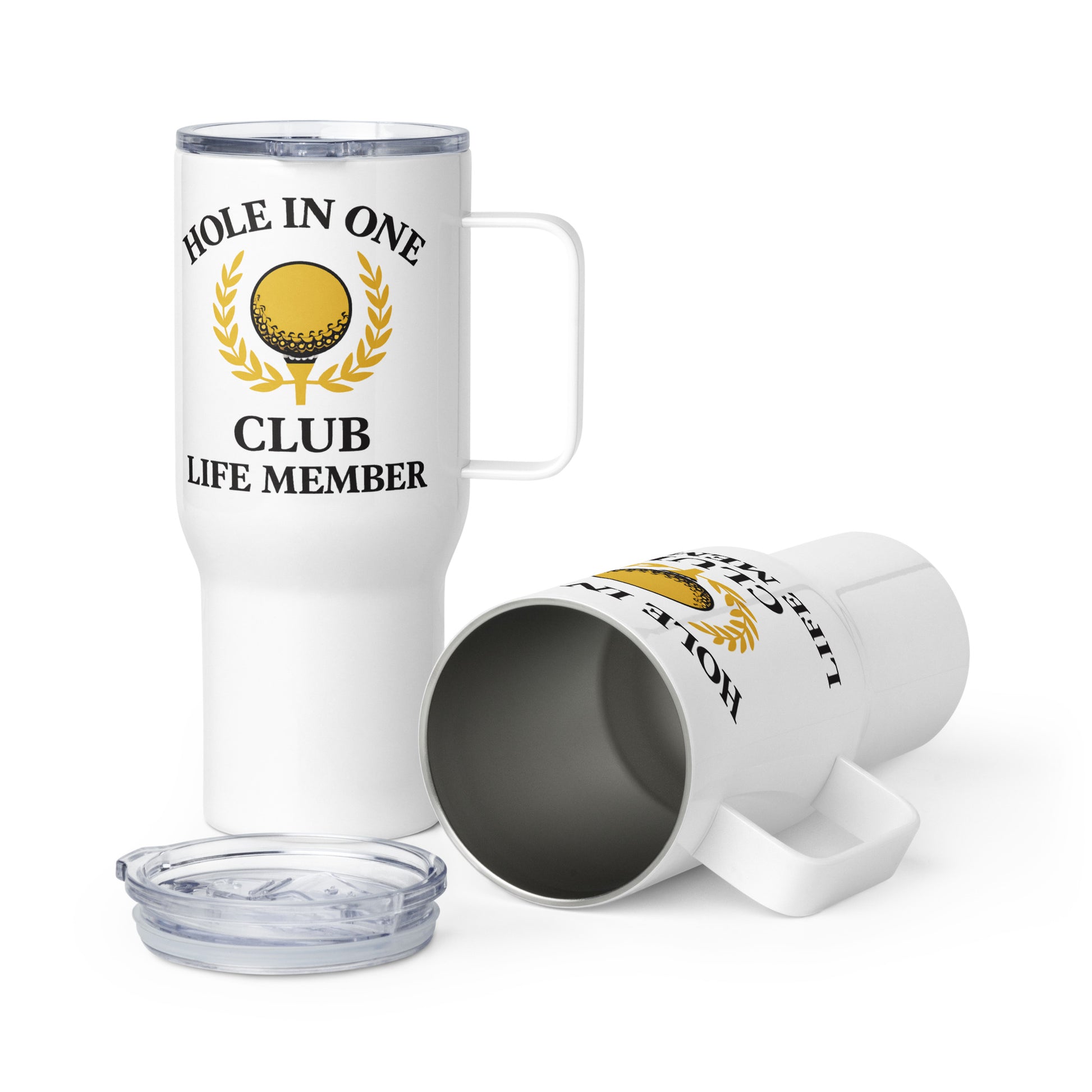 Hole in One Club Life Member travel mug with gold golf emblem