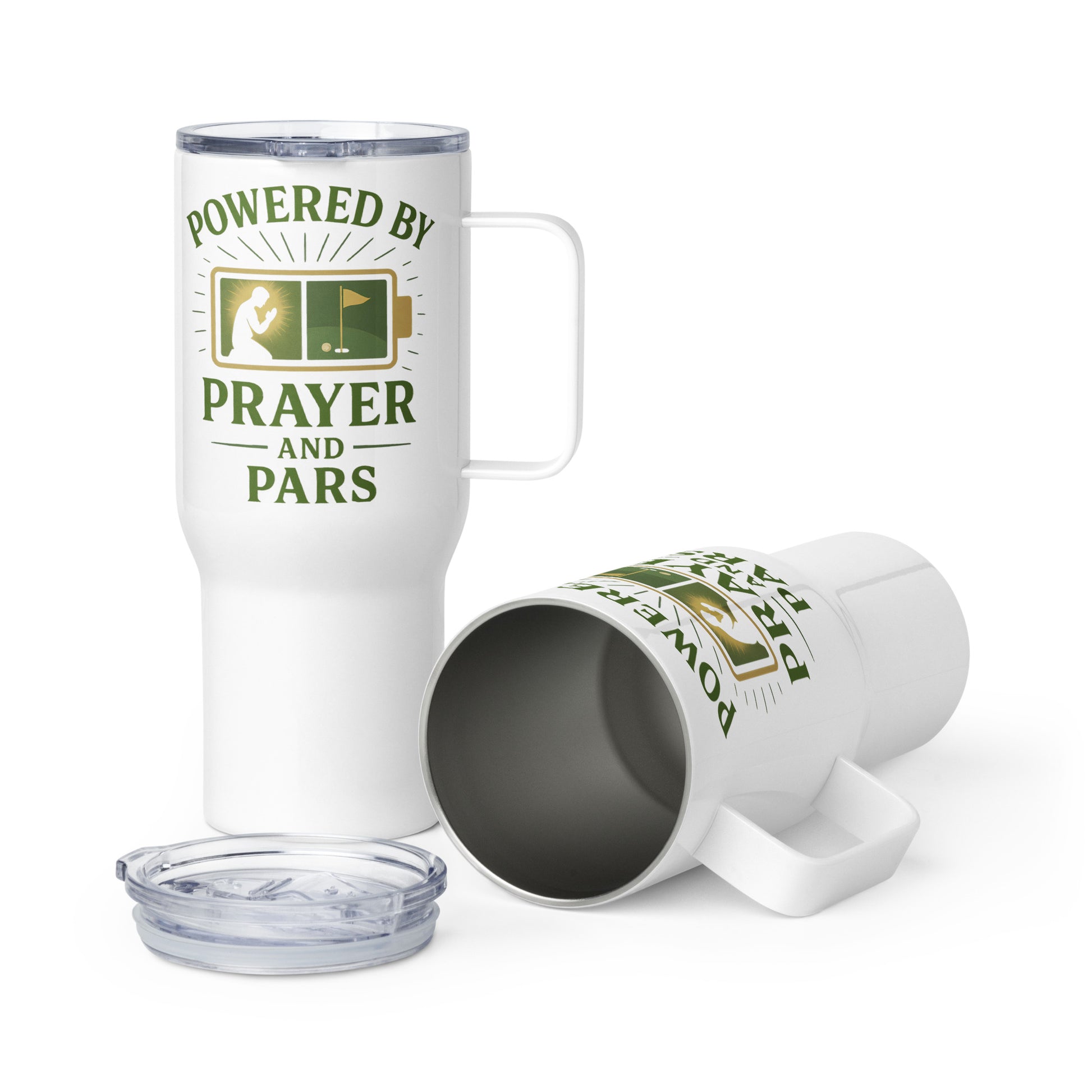 Prayer and Pars travel mug with inspirational golf theme