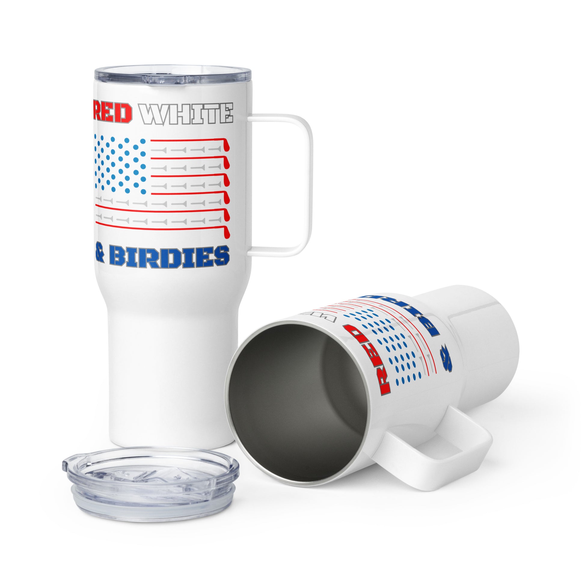red white and blue golf tee flag mug with handle