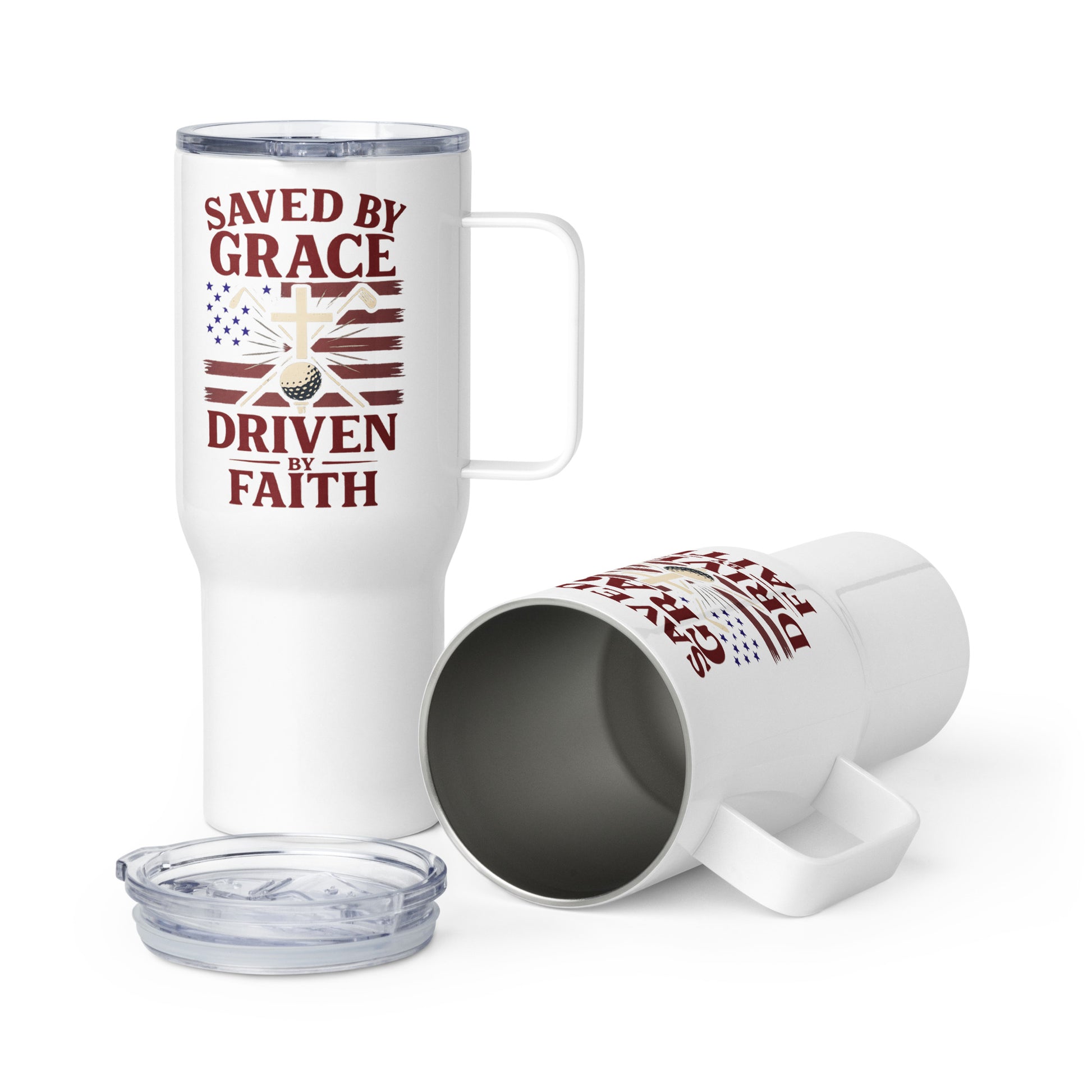 Saved by Grace Driven by Faith golf mug patriotic design
