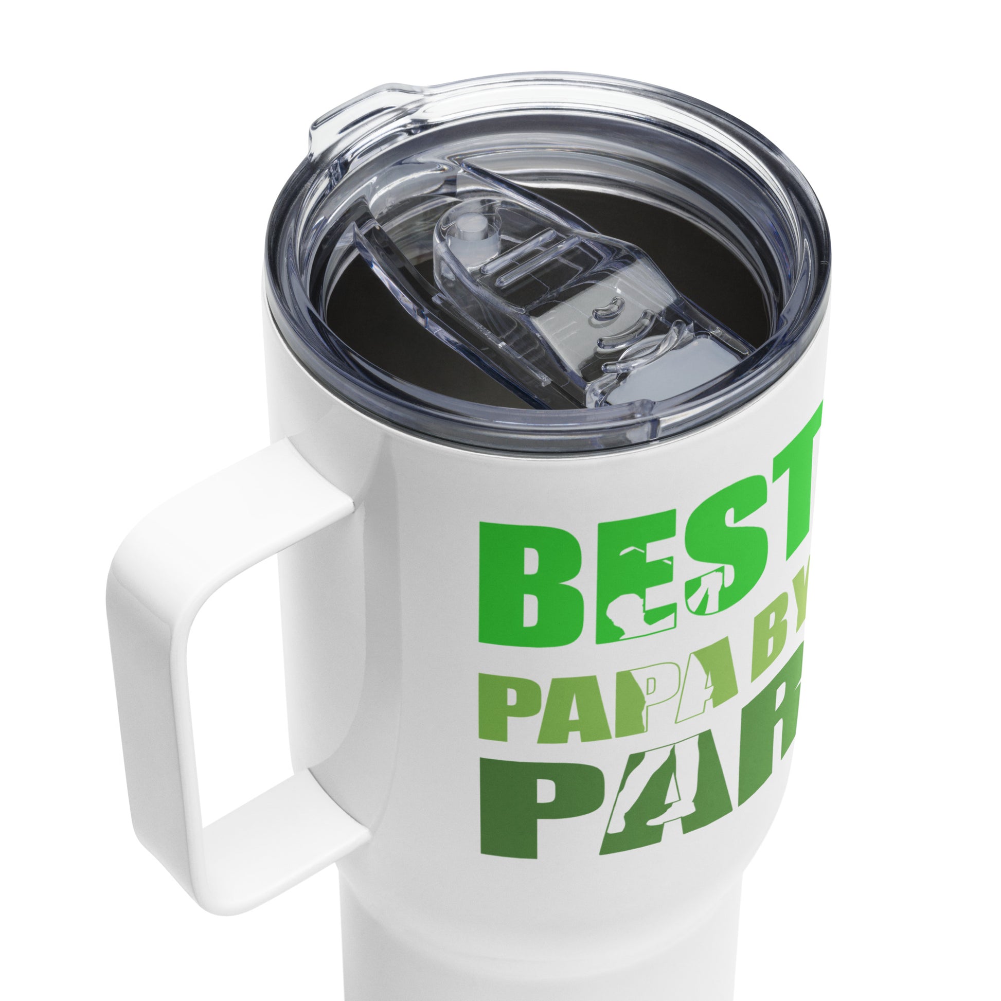 25oz papa travel mug with press-in plastic lid and sleek finish