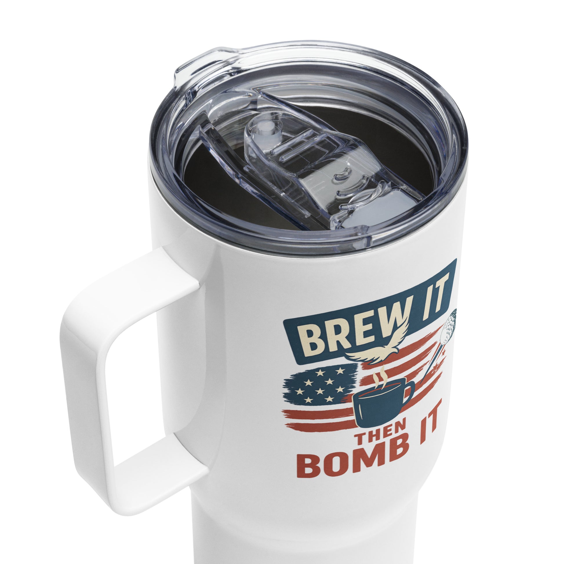 25oz golf coffee mug with wide handle and press-in lid