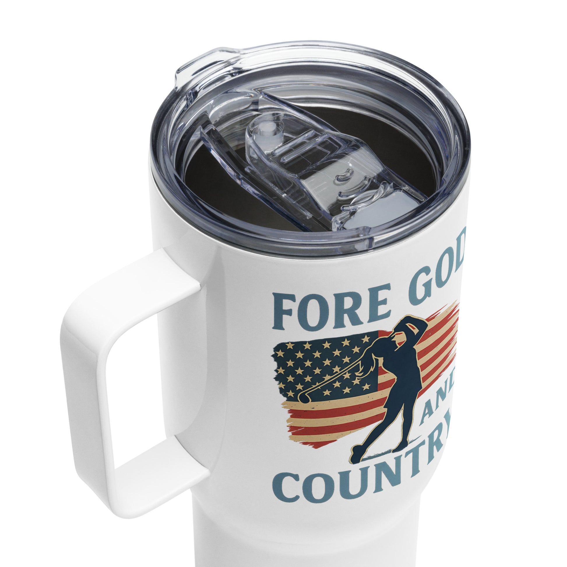 25oz mug with press-in lid and wide handle for golfers