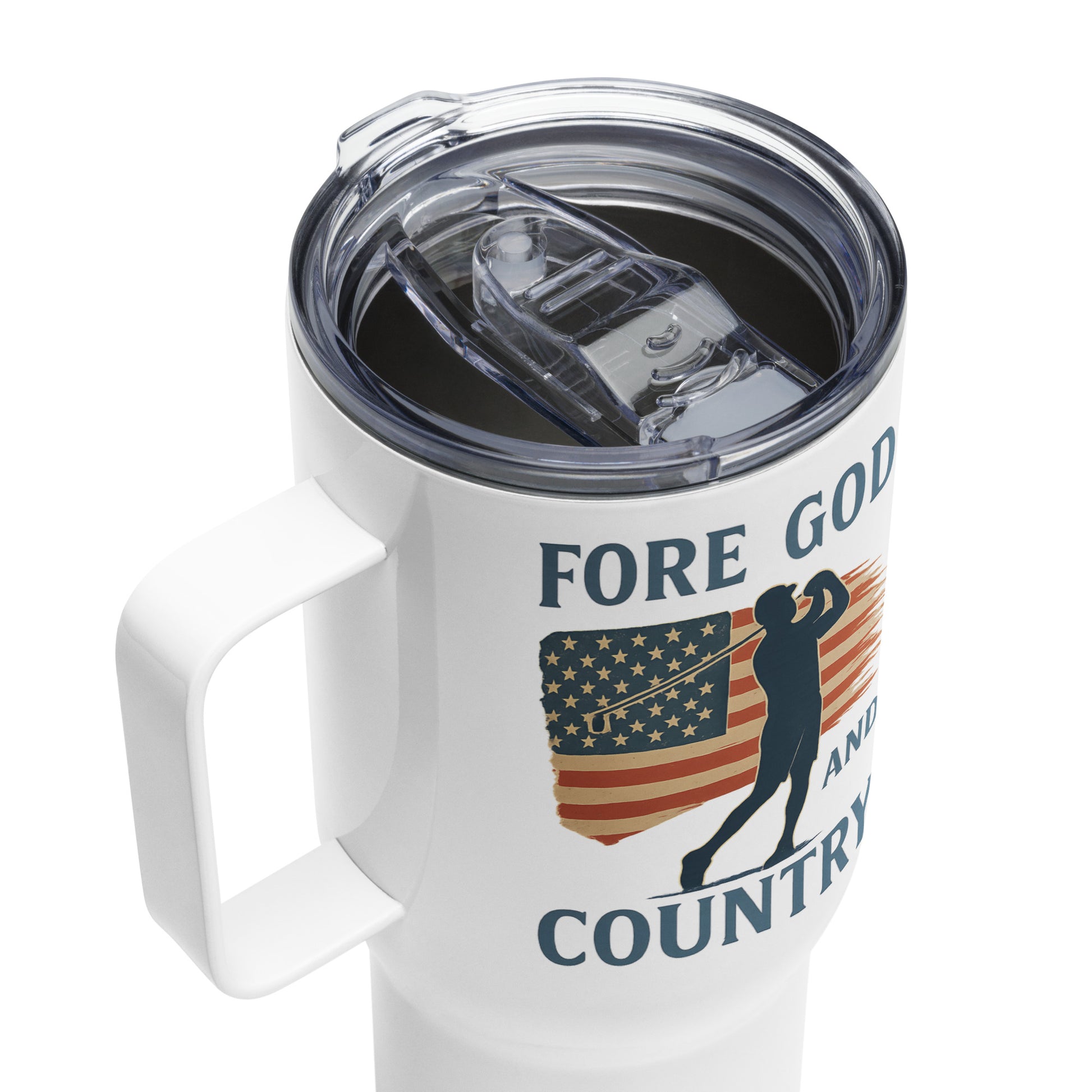 25oz travel mug with ergonomic handle and press-in lid