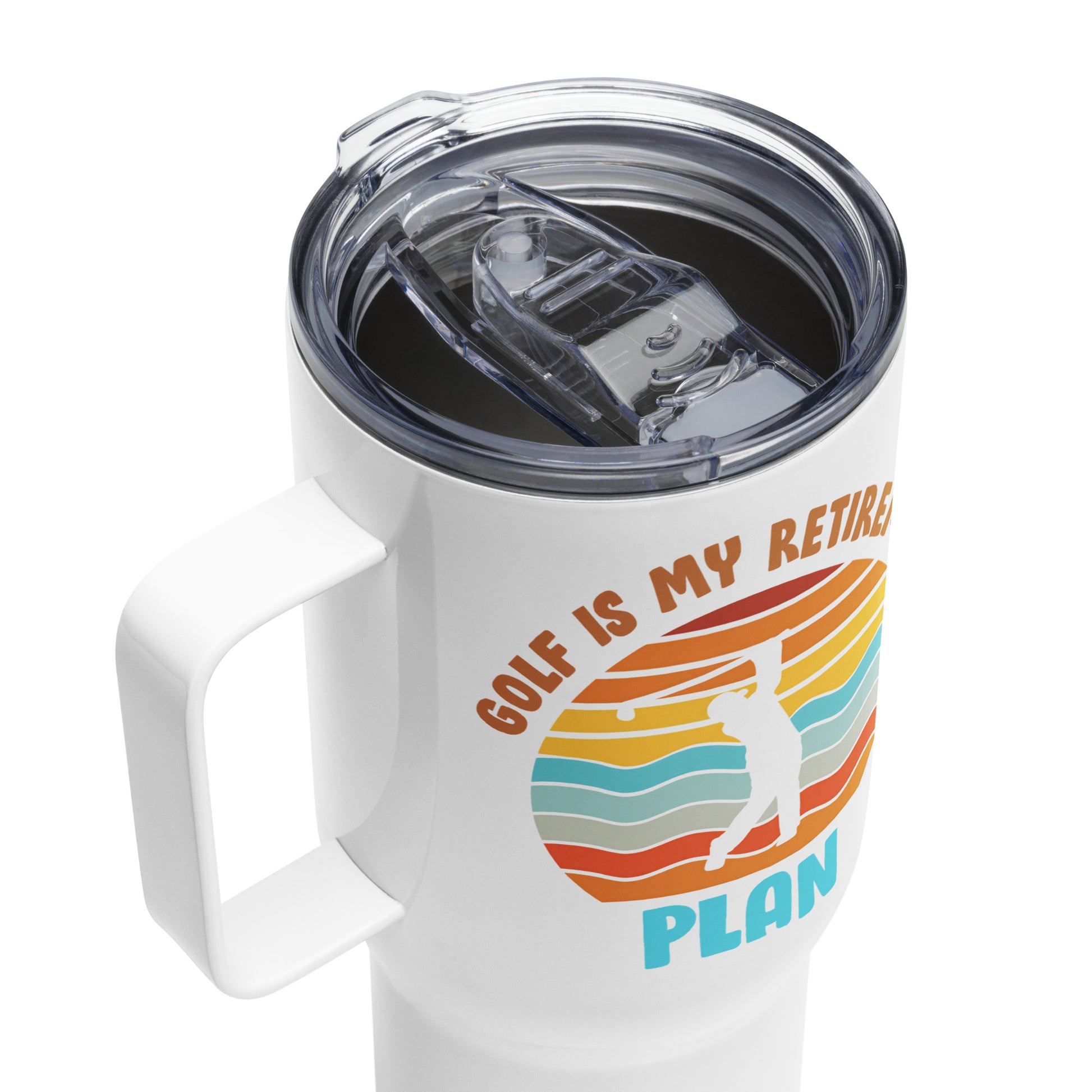 25oz travel mug with ergonomic handle and press-in lid