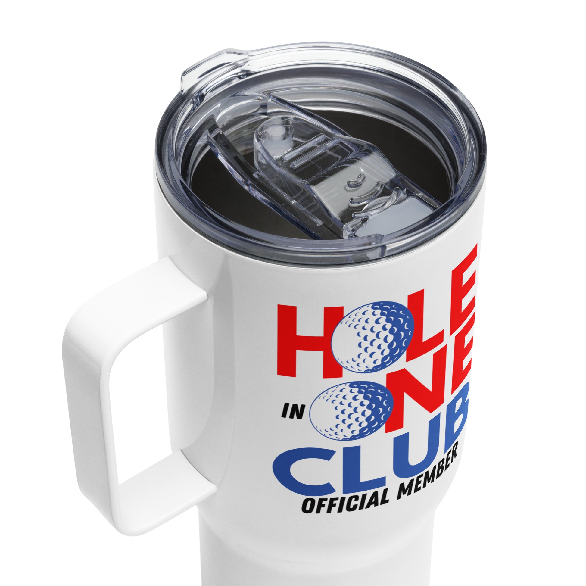 25oz golf tumbler with easy-carry handle and press-in lid