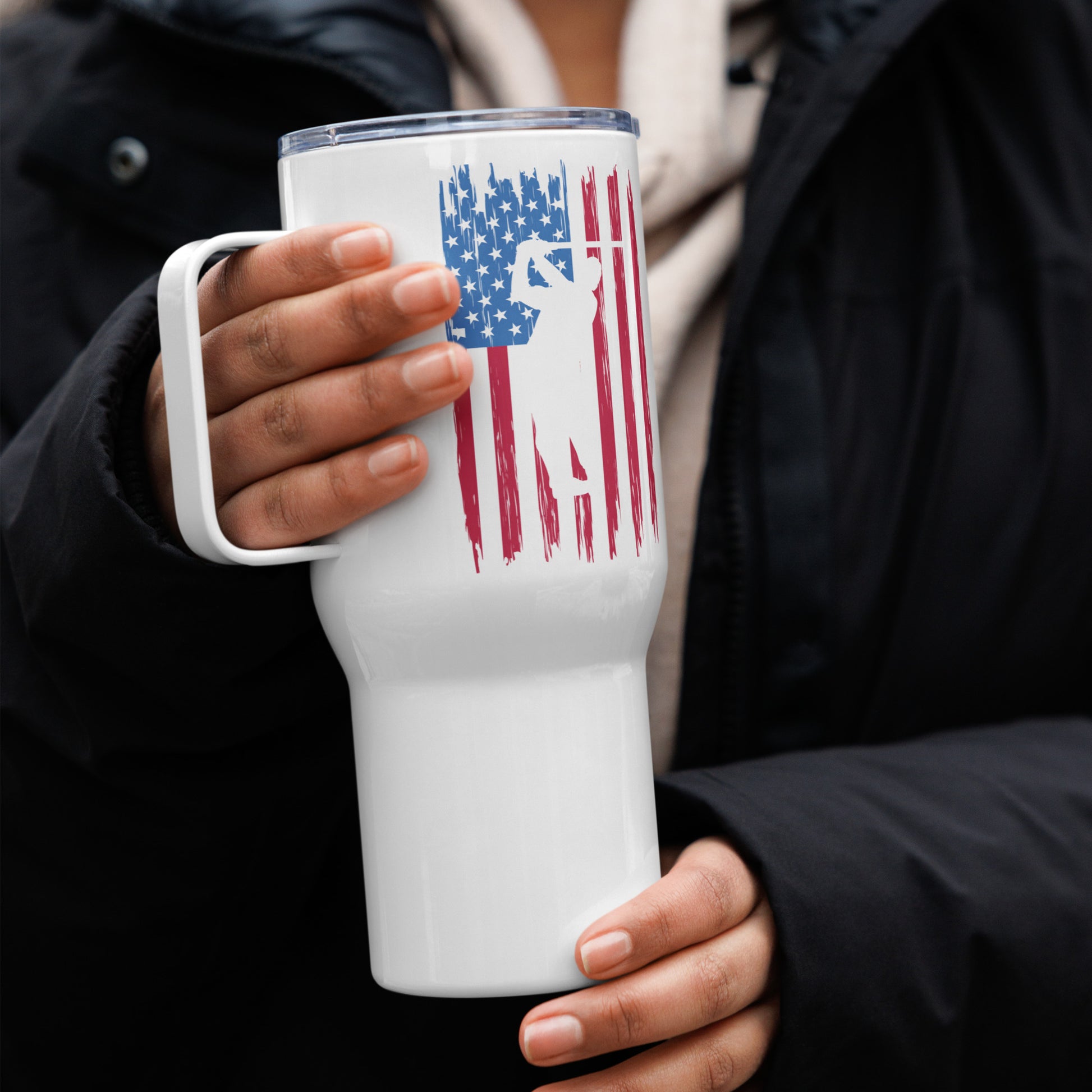 White handled tumbler with patriotic golf artwork