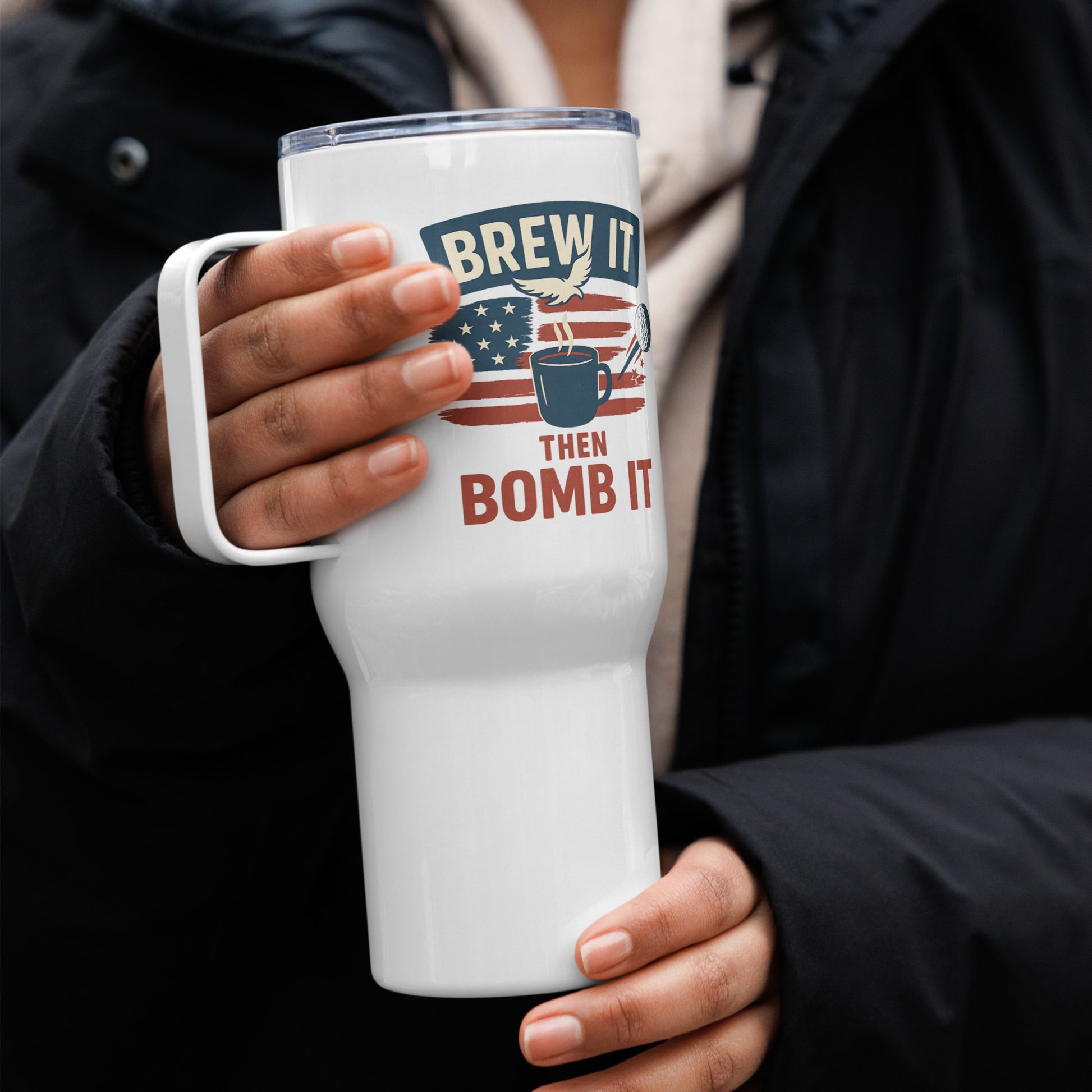 Patriotic golf mug with stars and stripes background