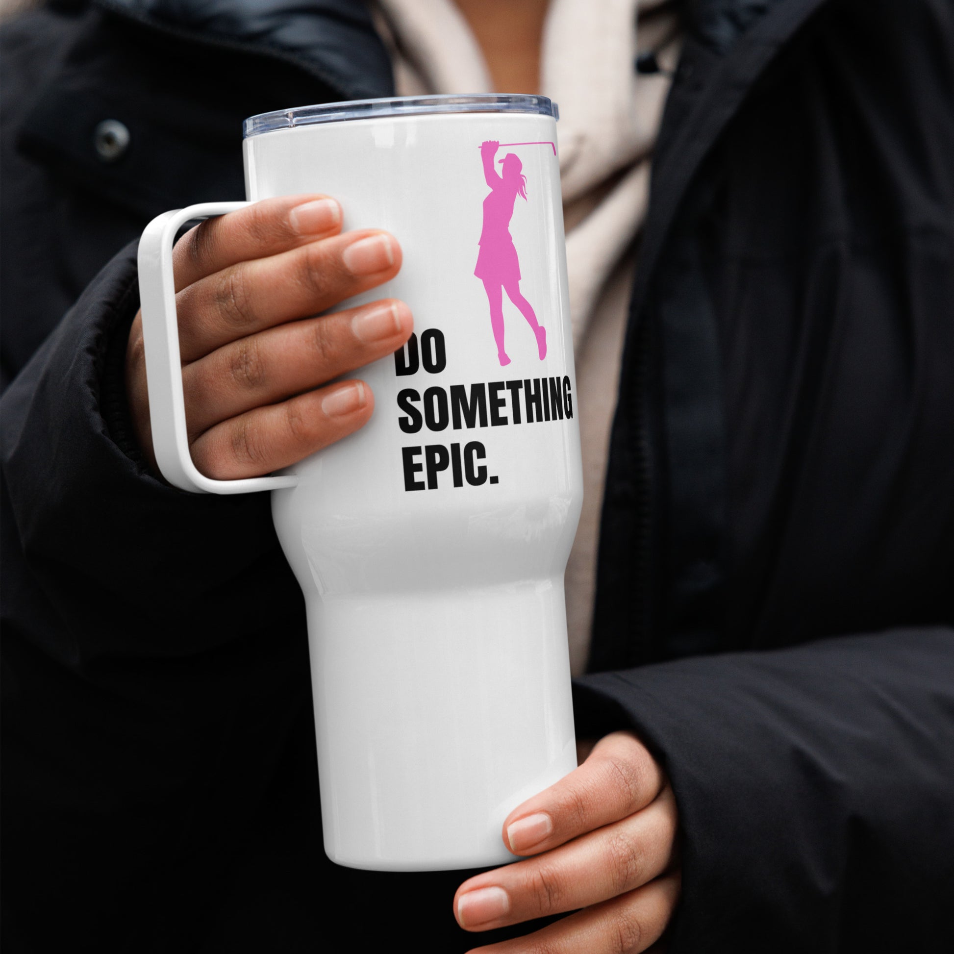 Stylish mug with swing pose and motivating phrase