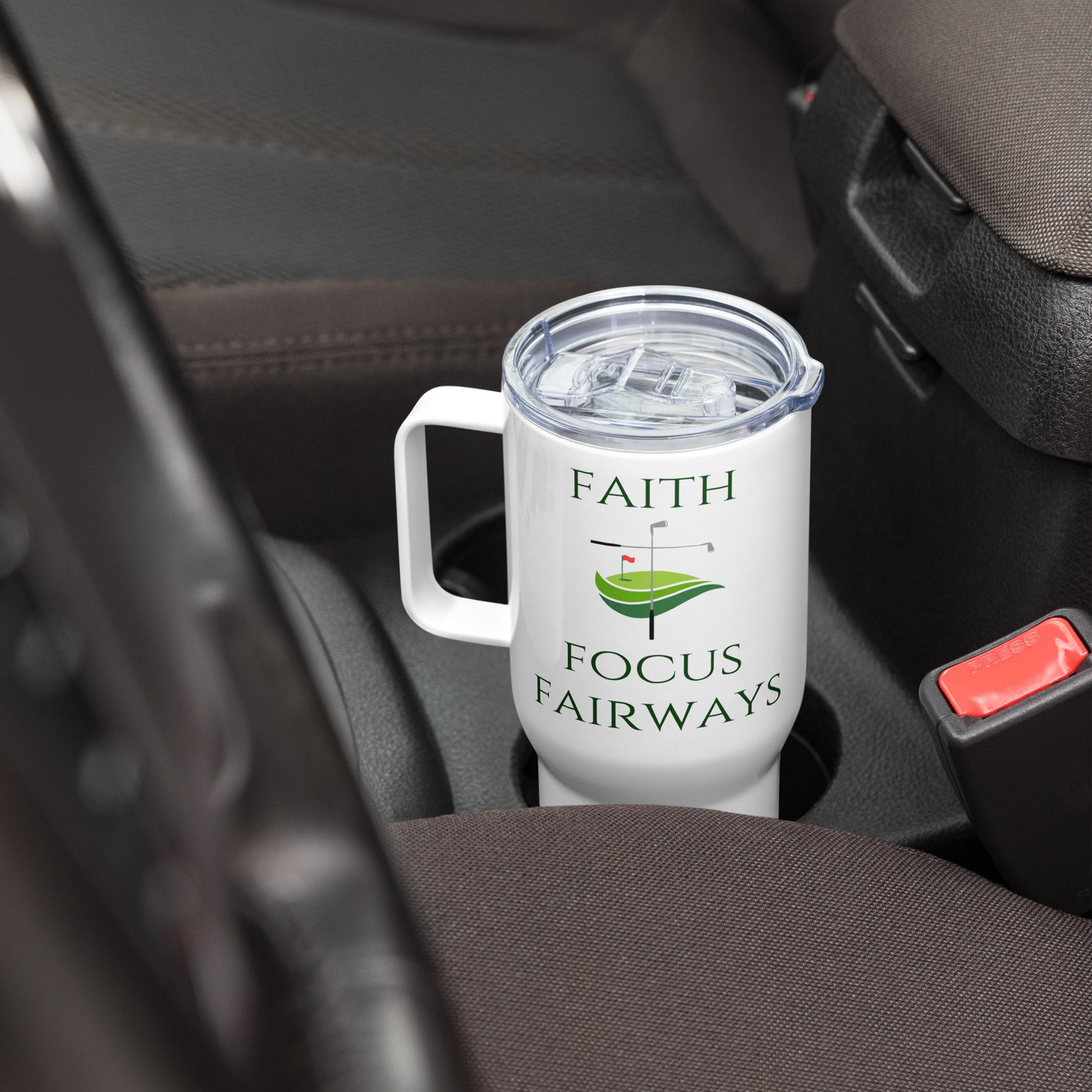 Golf and faith-inspired tumbler with cross and putting green