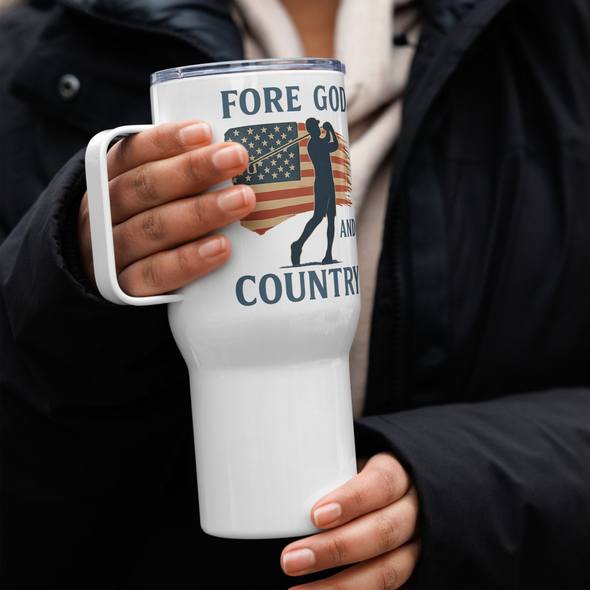 Golf and faith drinkware with red white and blue artwork