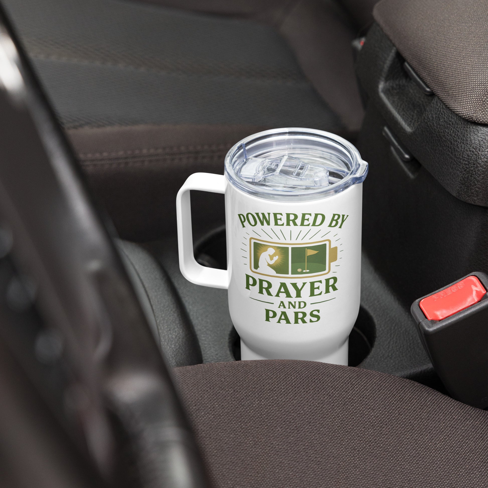 Golf mug featuring "Powered by Prayer and Pars" message