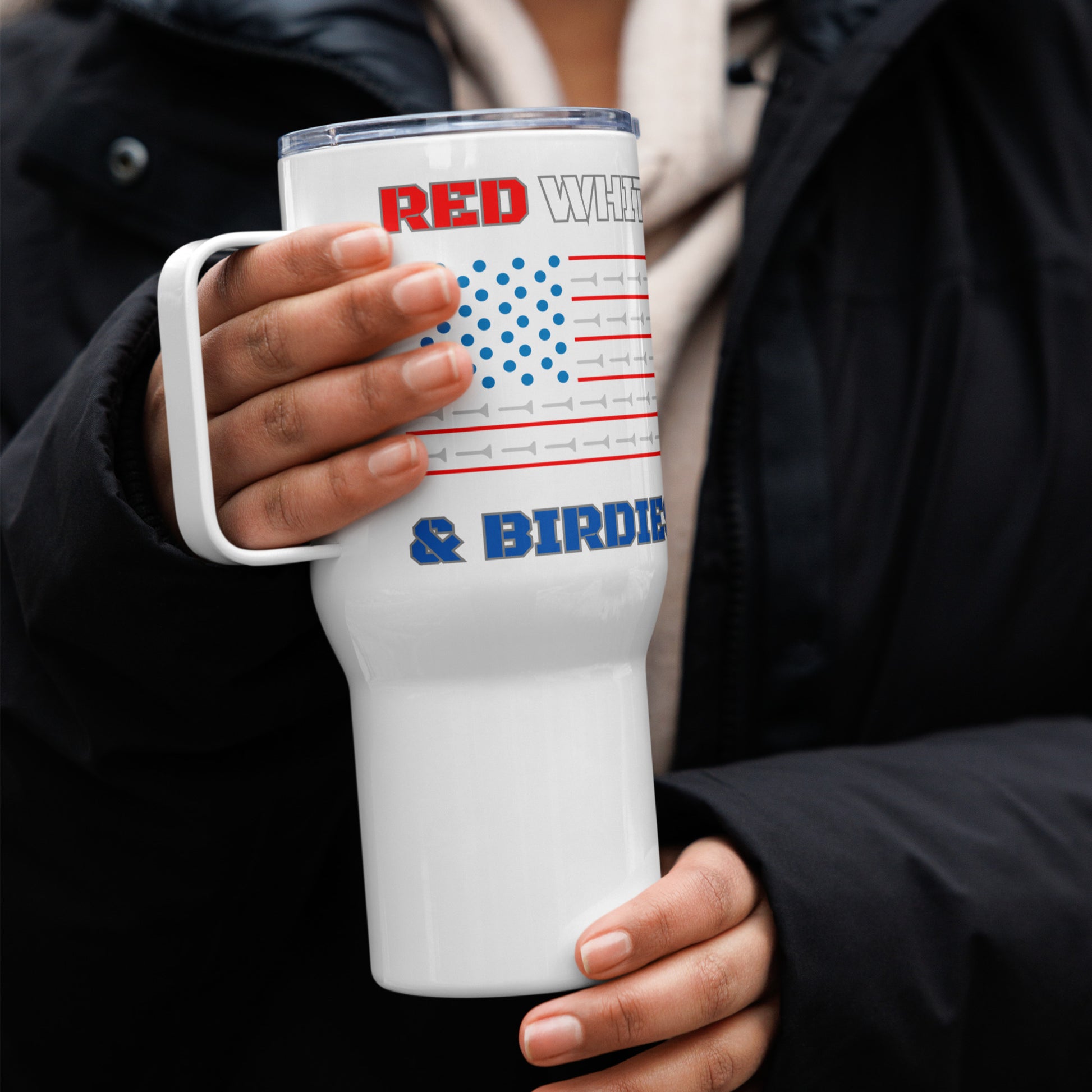 USA golf design travel mug with stars and stripes