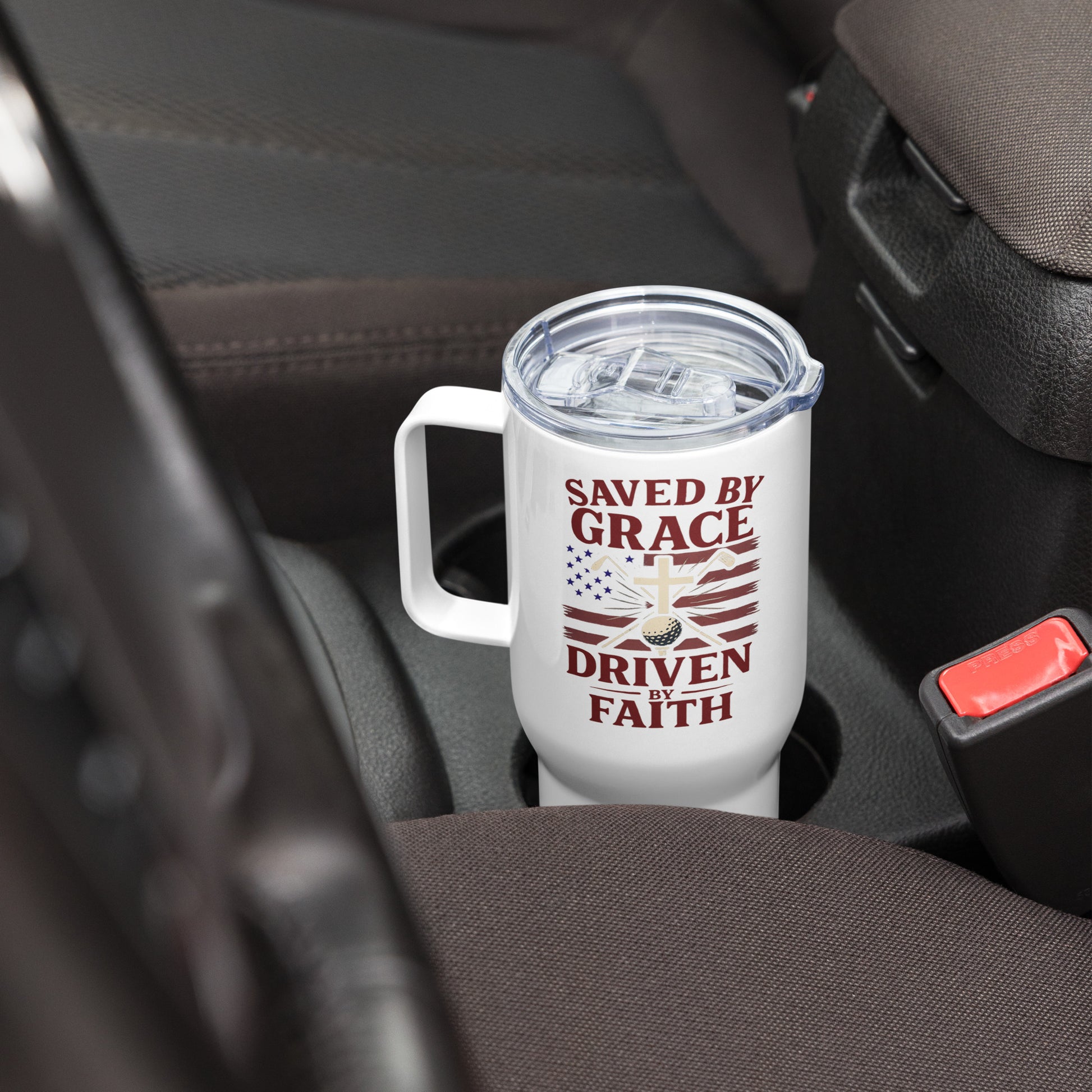 Faith-based golf mug with flag and scripture-inspired style