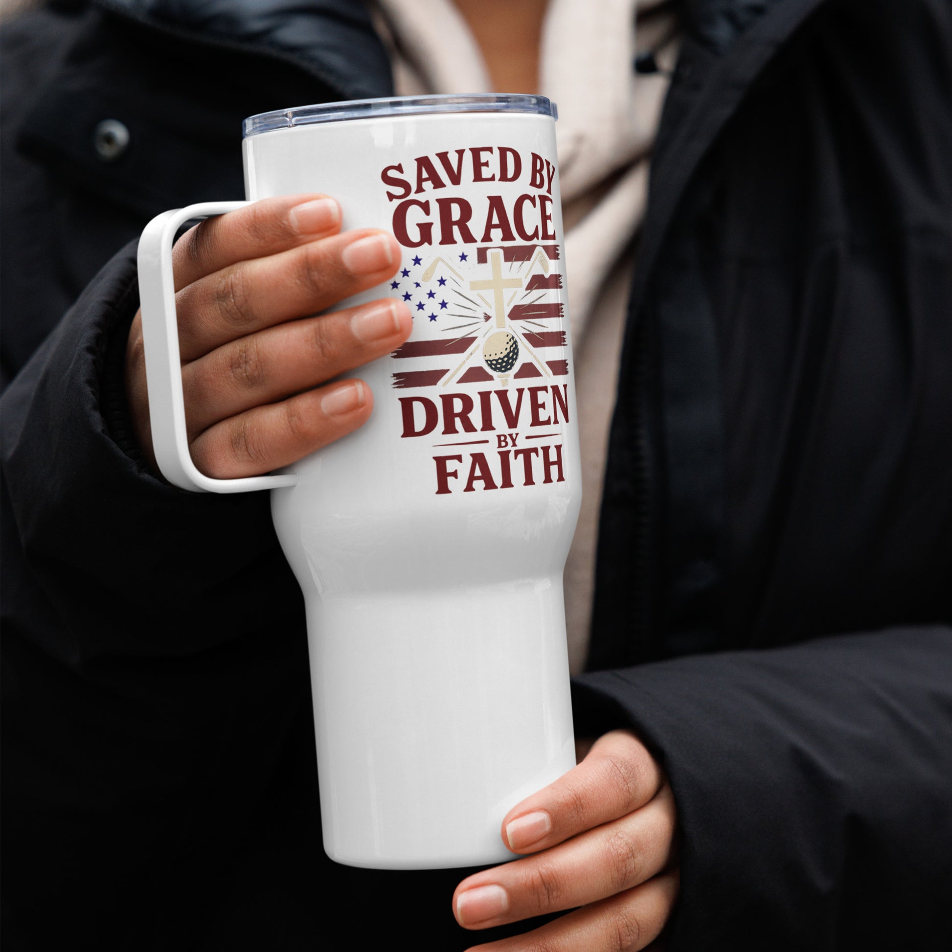 Stainless steel travel mug for Christian golfers