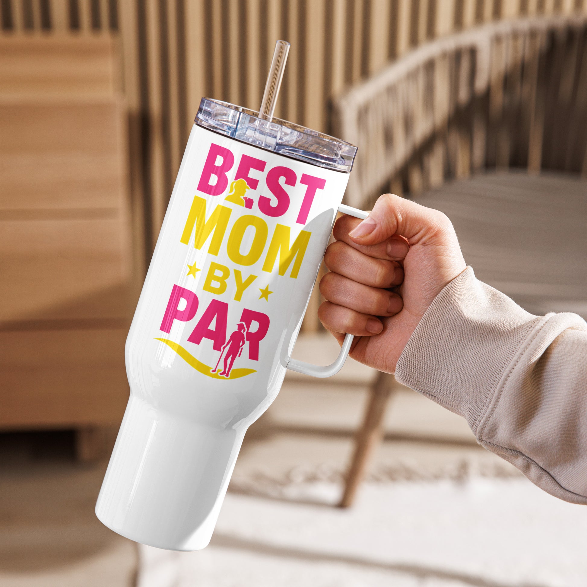 Best Mom By Par travel mug with pink and yellow golf design