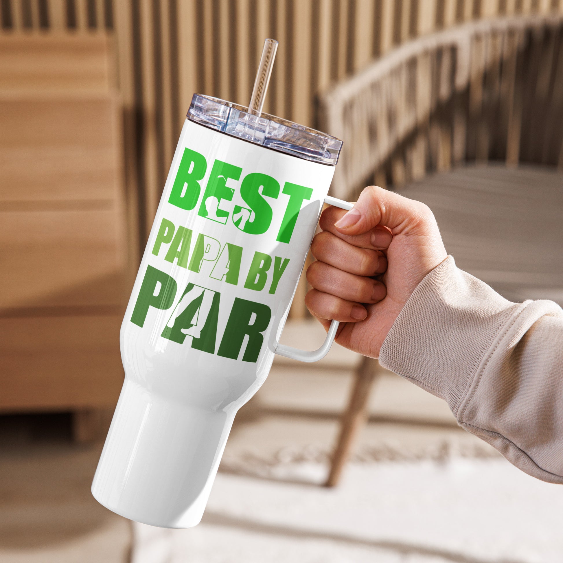 Best Papa By Par travel mug with bold green text and golfer icons