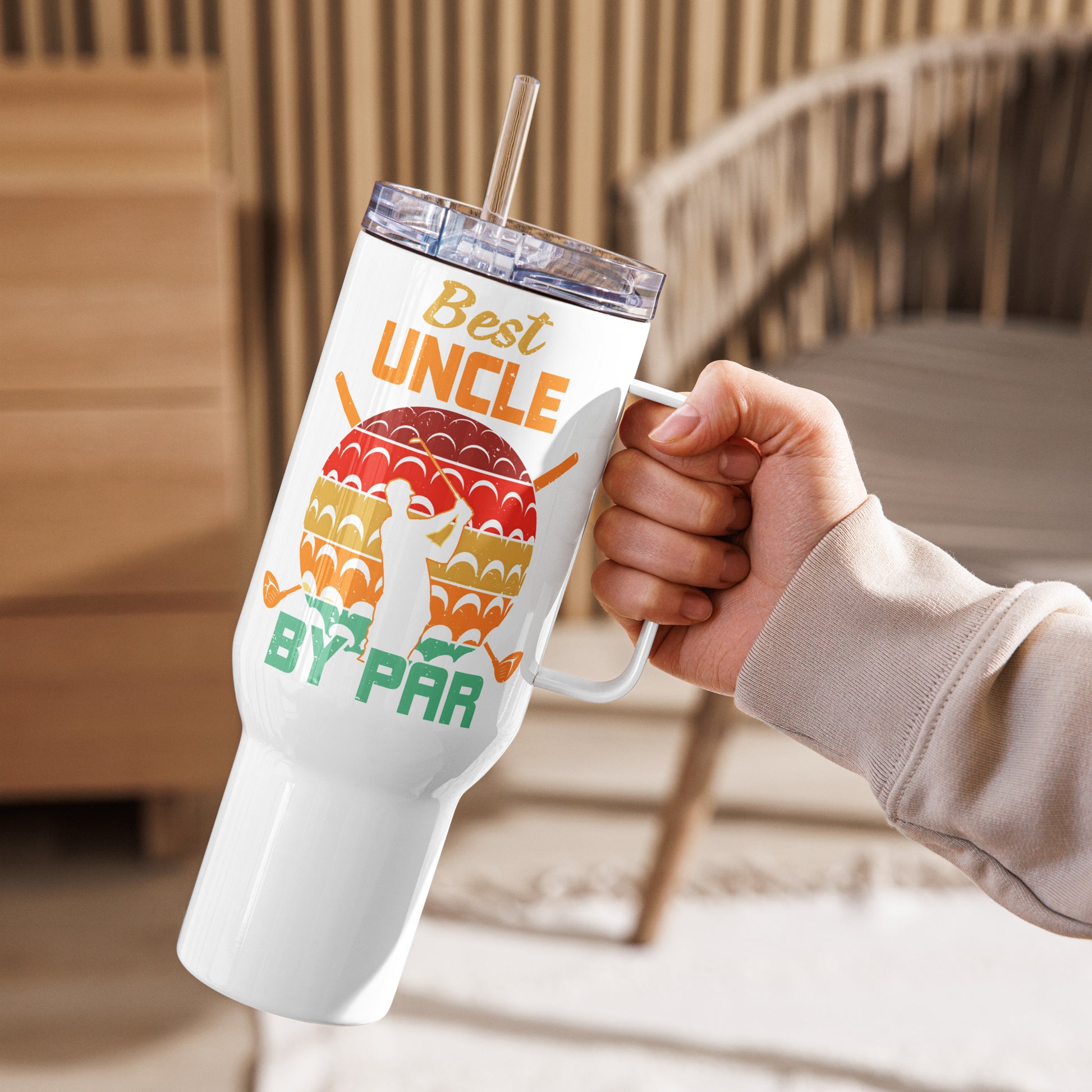 Best Uncle By Par travel mug with retro sunset and crossed clubs