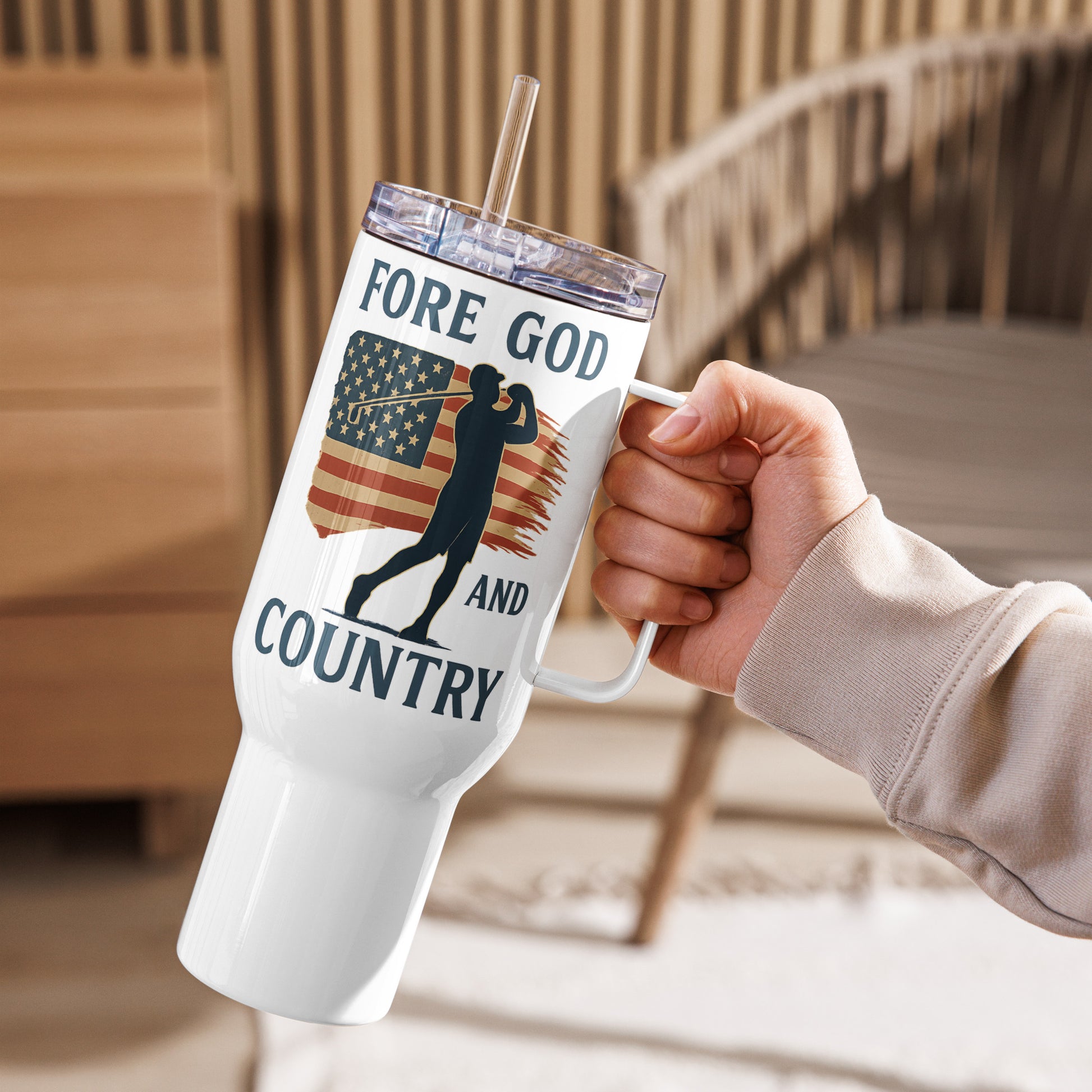 40oz patriotic mug with screw-on lid and straw attachment