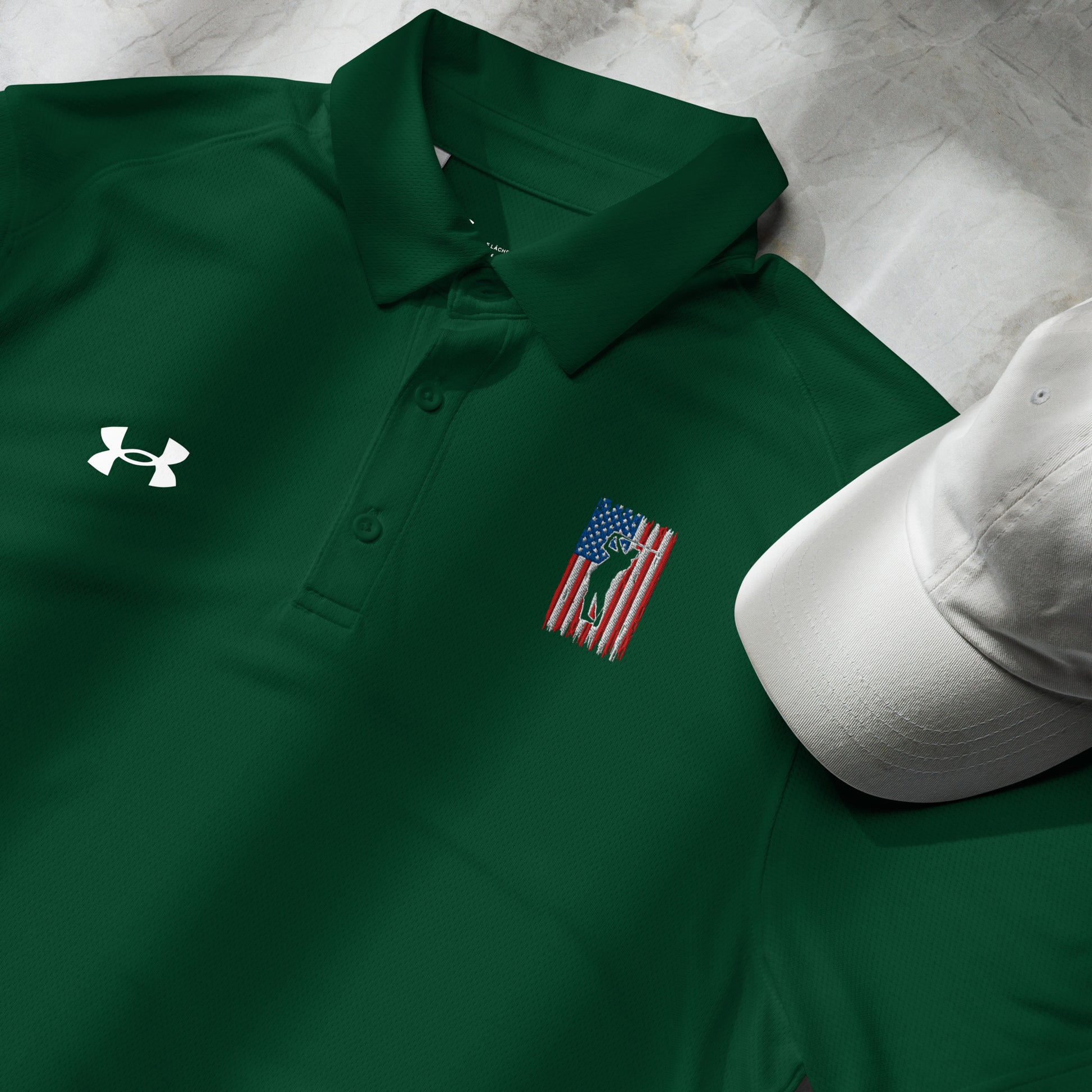 Forest green polo shirt featuring USA-themed golf embroidery