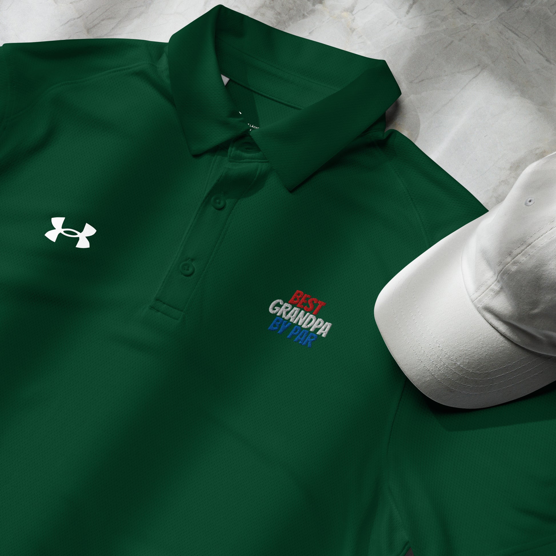 forest green grandpa-themed polo shirt with USA colors