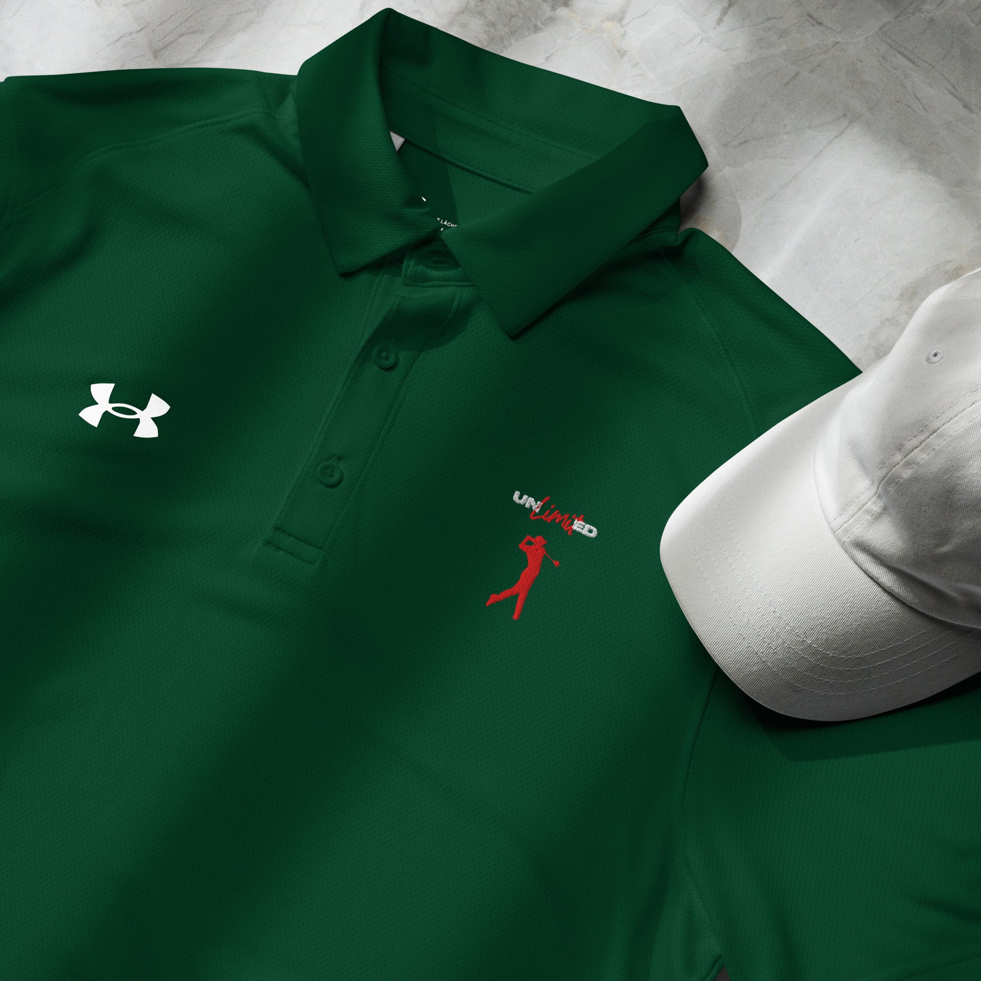 Under Armour Unlimited forest green polo front view