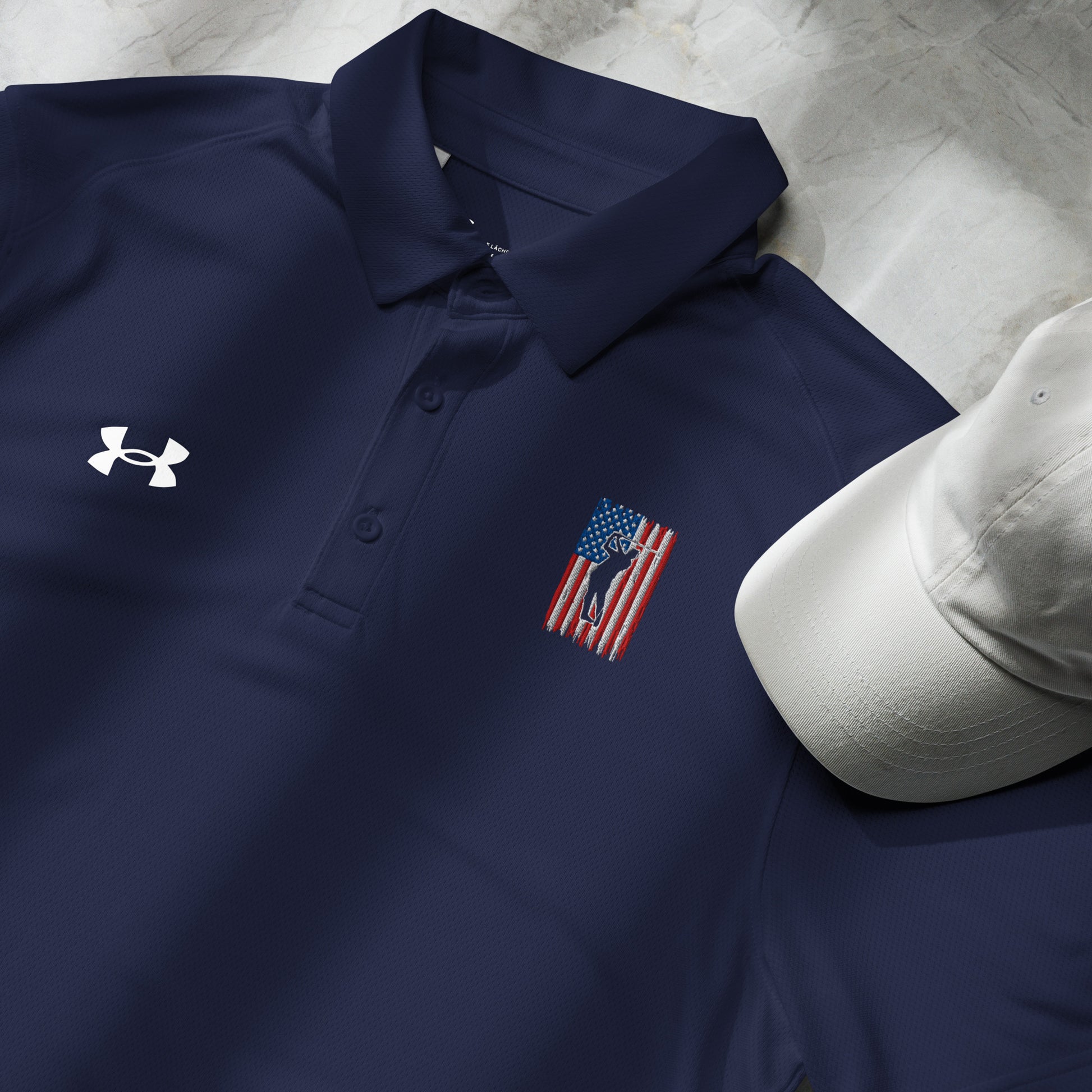 Navy blue golf polo with American flag golfer design front view