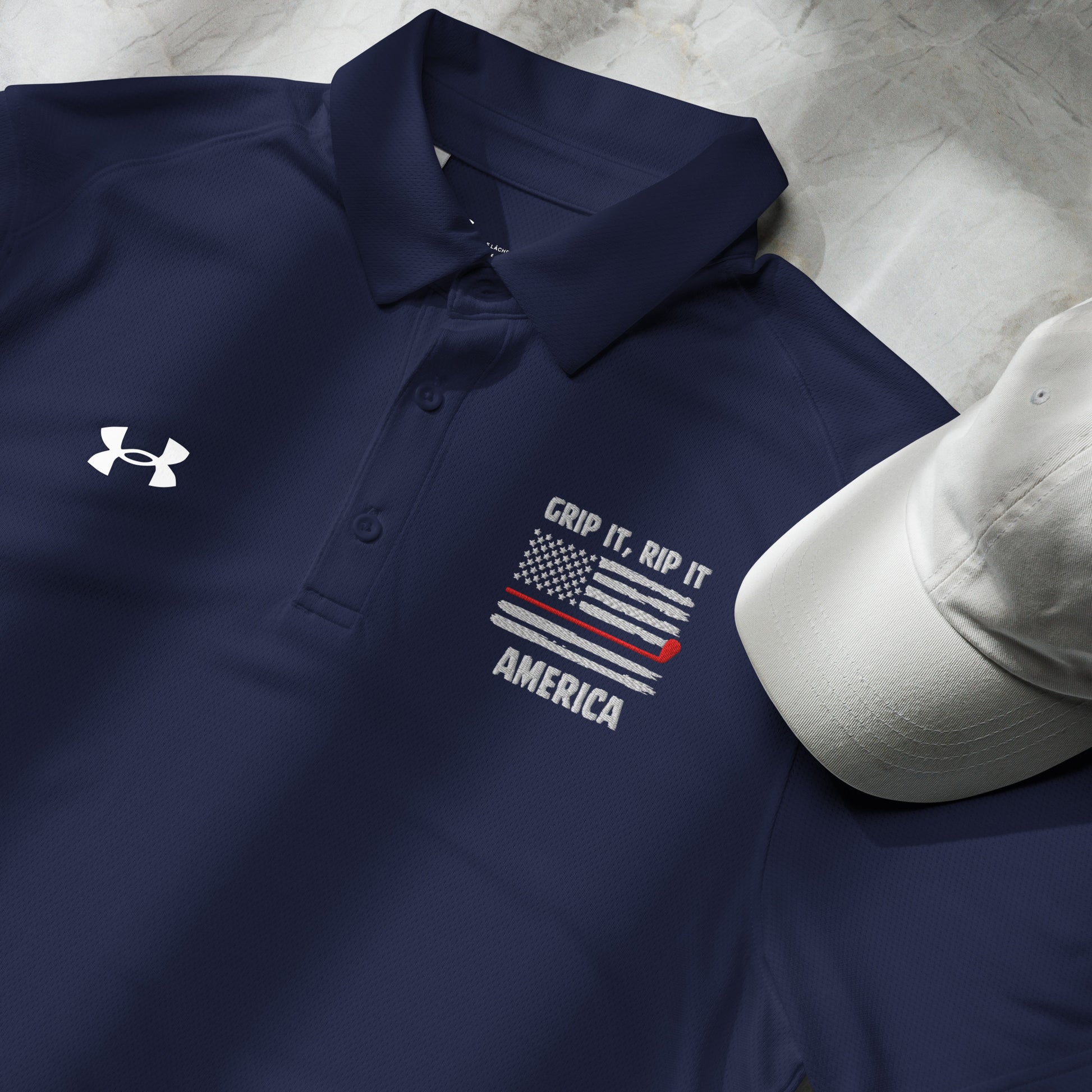 navy golf polo shirt with grip it rip it america chest embroidery
