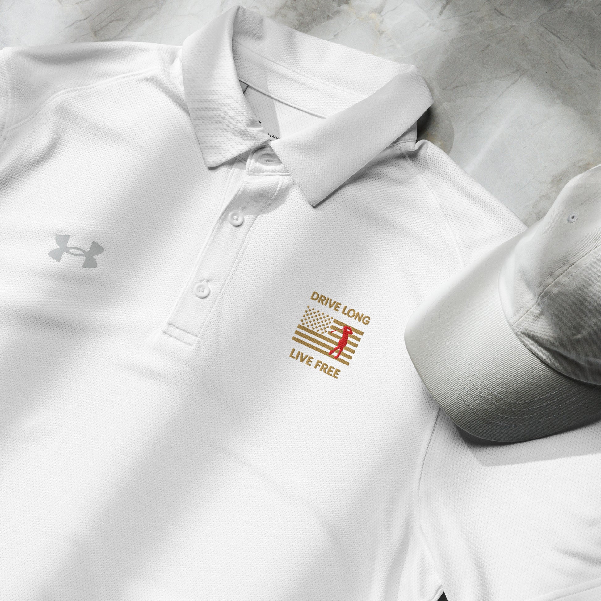 White performance golf polo featuring stitched patriotic message