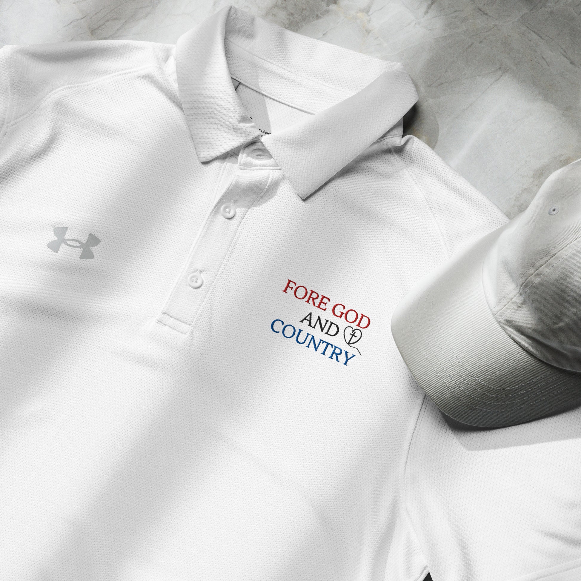 Fore God and Country white golf polo front chest view