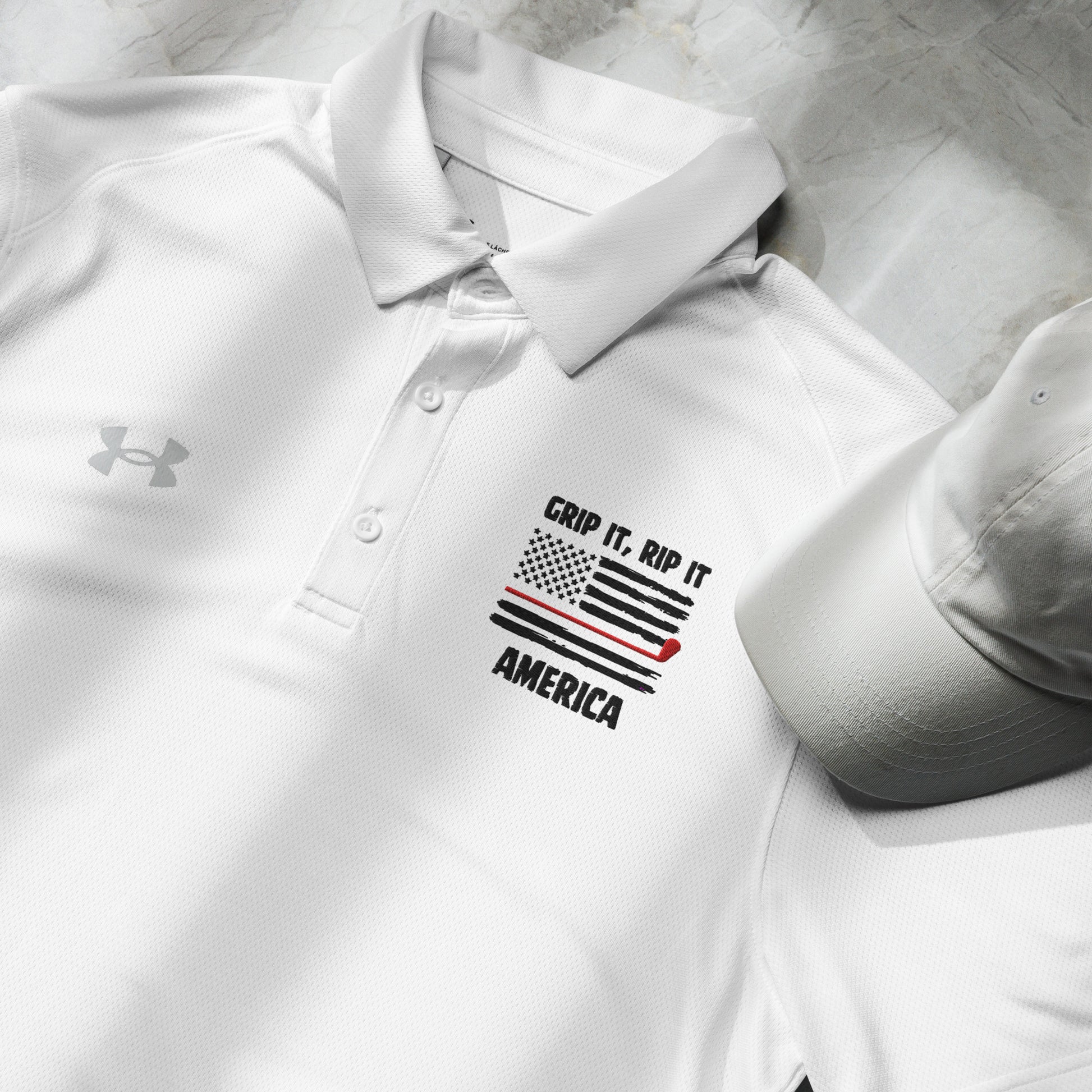 white golf polo shirt featuring grip it rip it america flag graphic