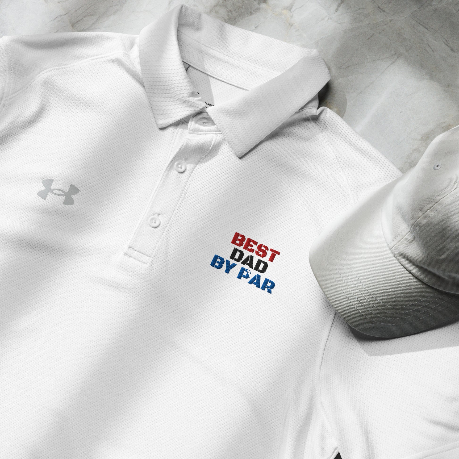 white moisture-wicking polo with patriotic dad themed logo