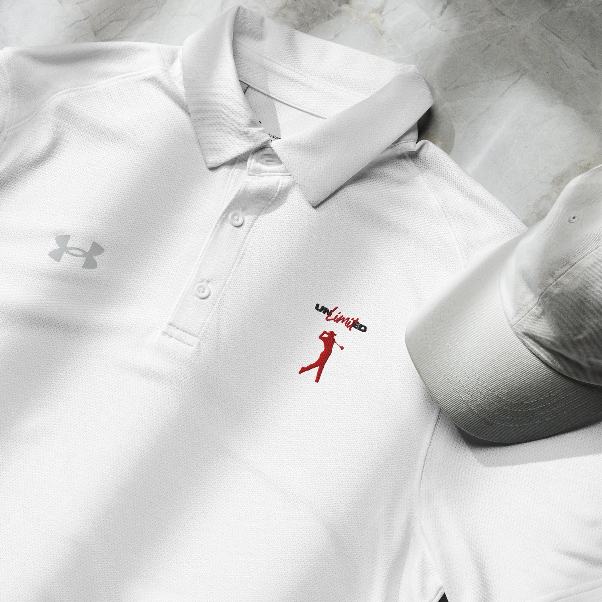 Unlimited white golf polo with bold swing emblem