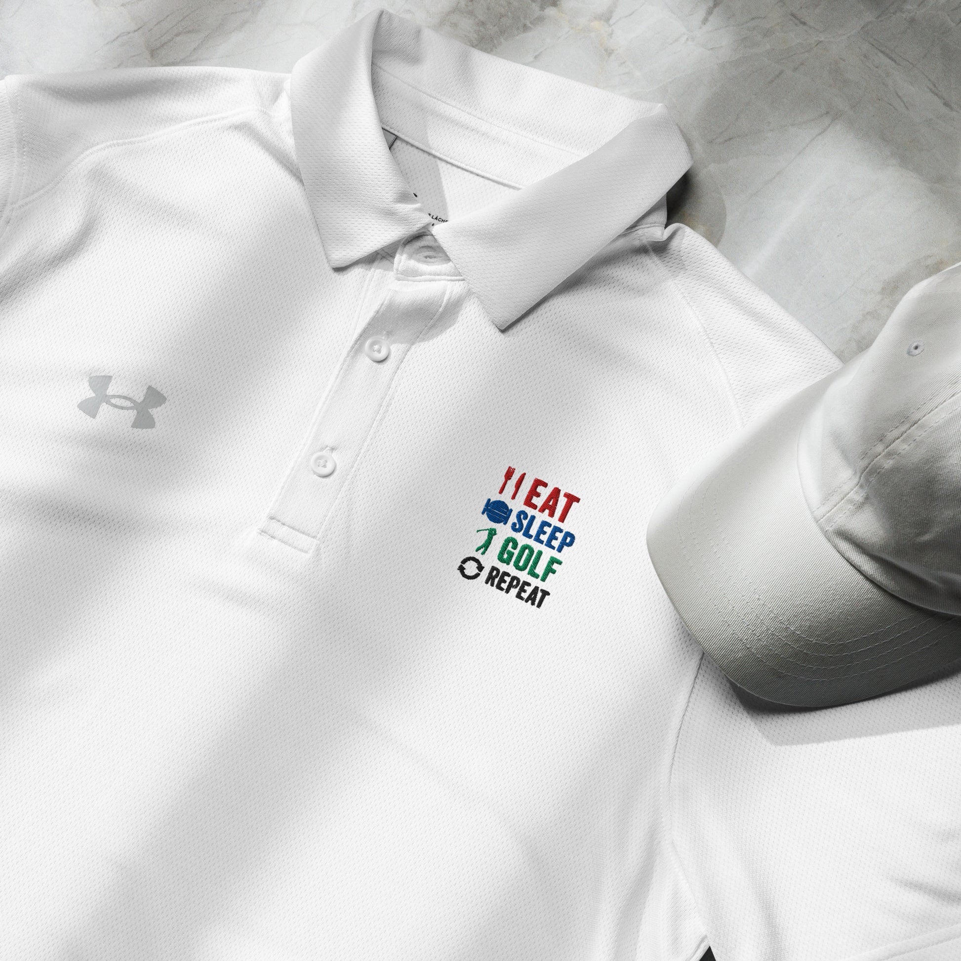 white Eat Sleep Golf Repeat polo in sporty fabric