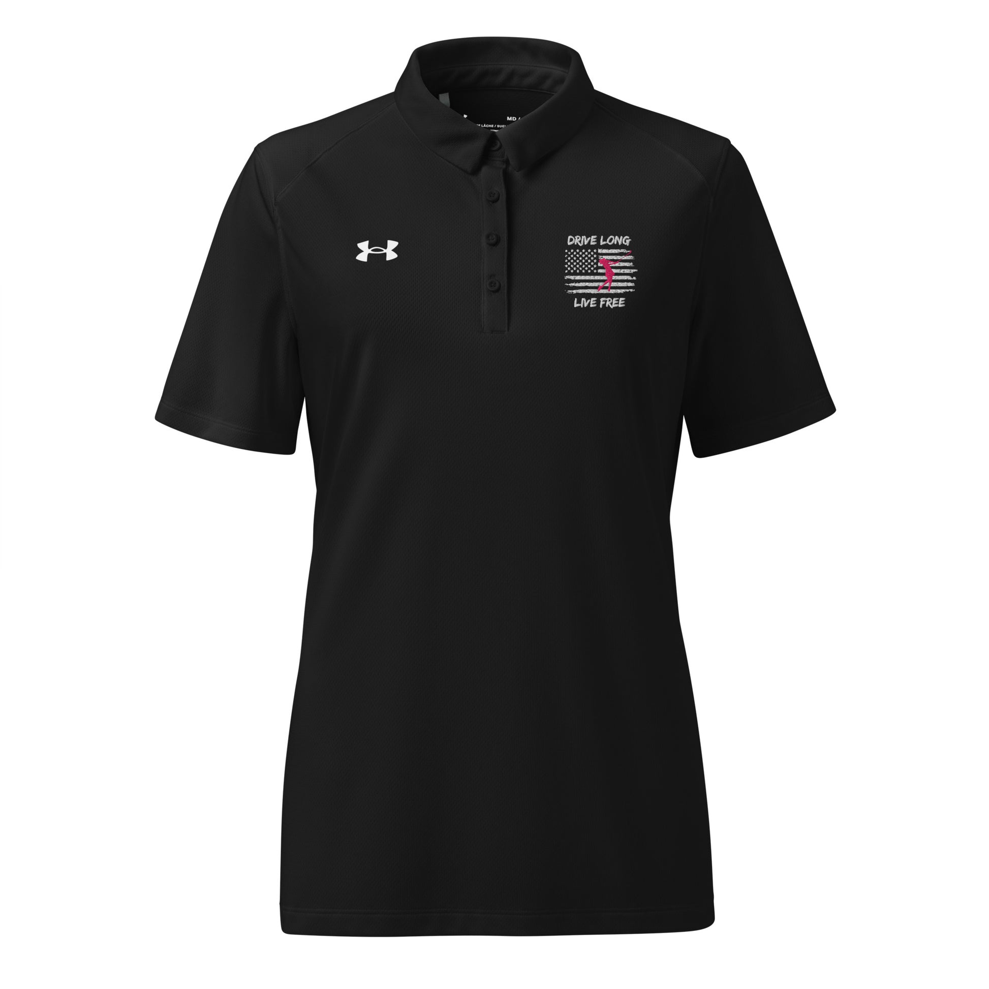 black short sleeve women’s polo for golf with stitched USA flag theme