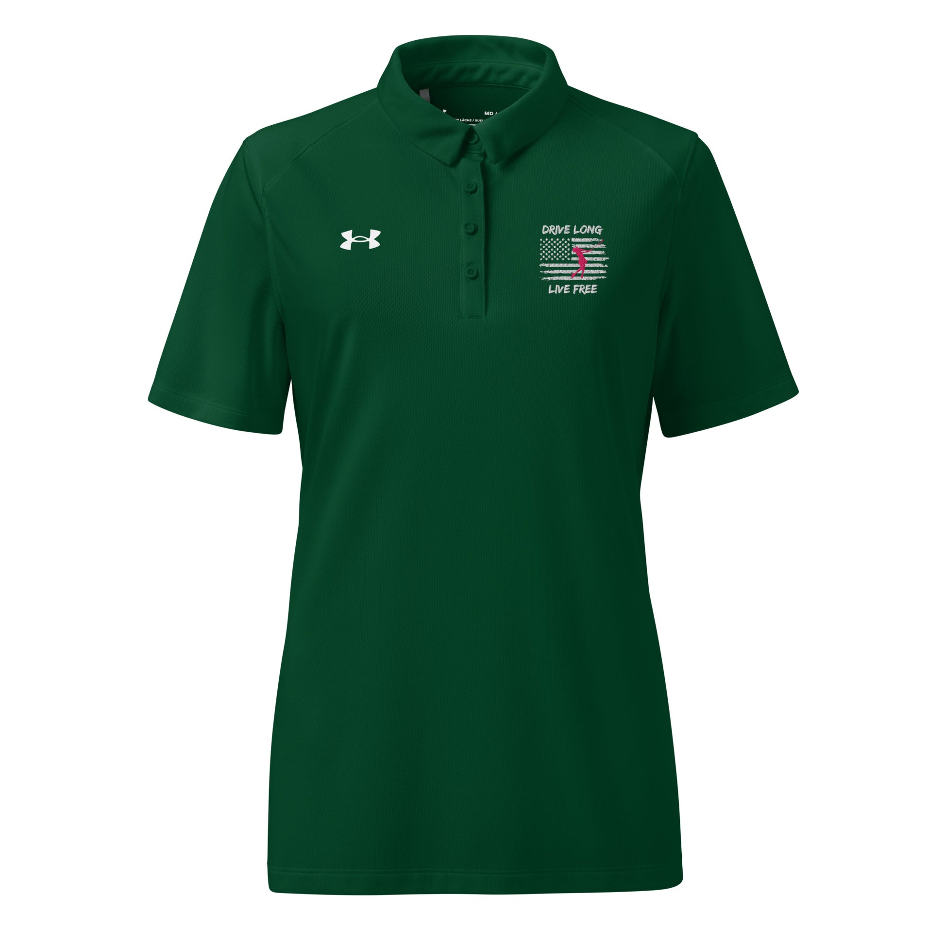 forest green women’s polo shirt with patriotic stitching